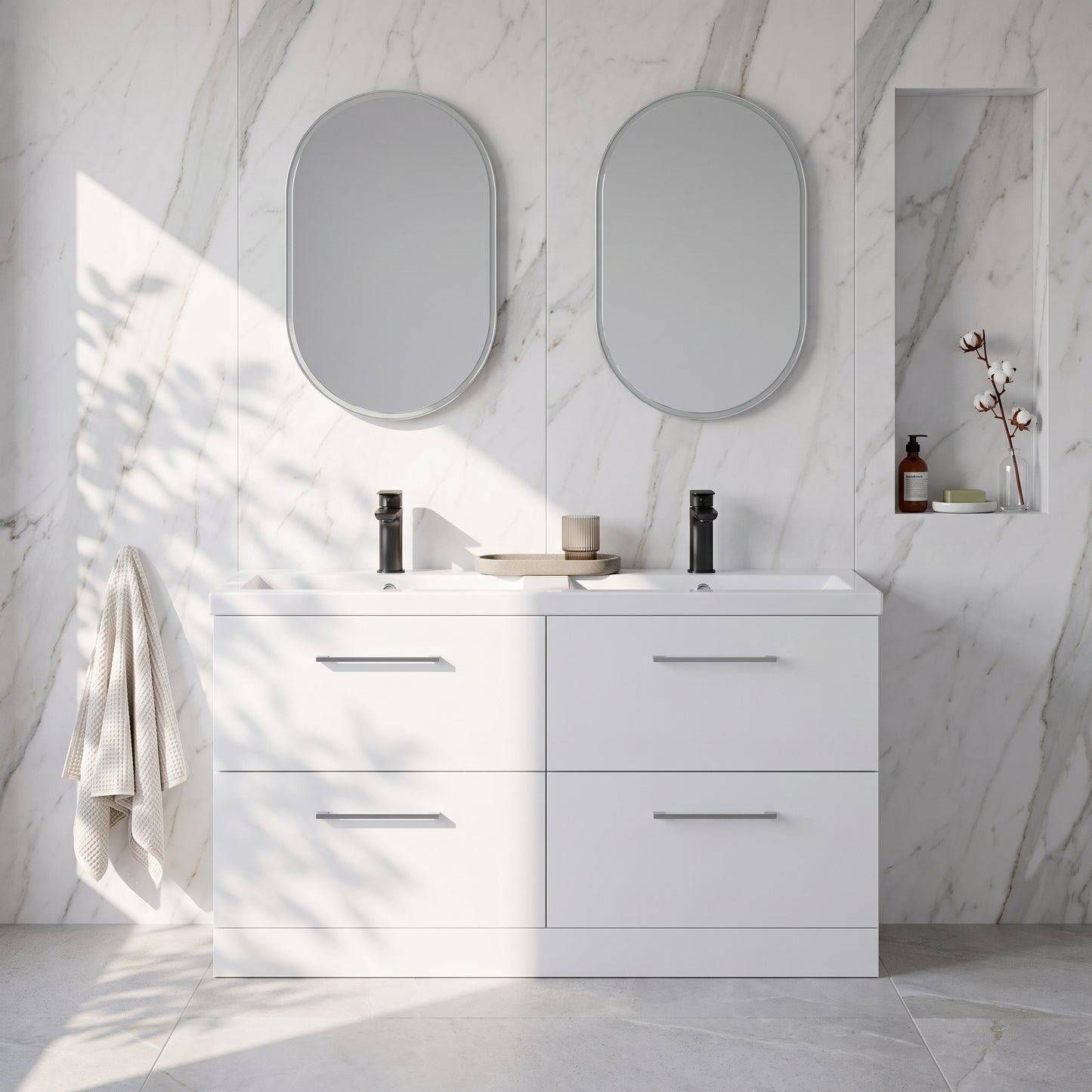 Fairford Aspri Gloss White 1200mm Floorstanding Double Vanity Unit with 4 Drawers and Basin