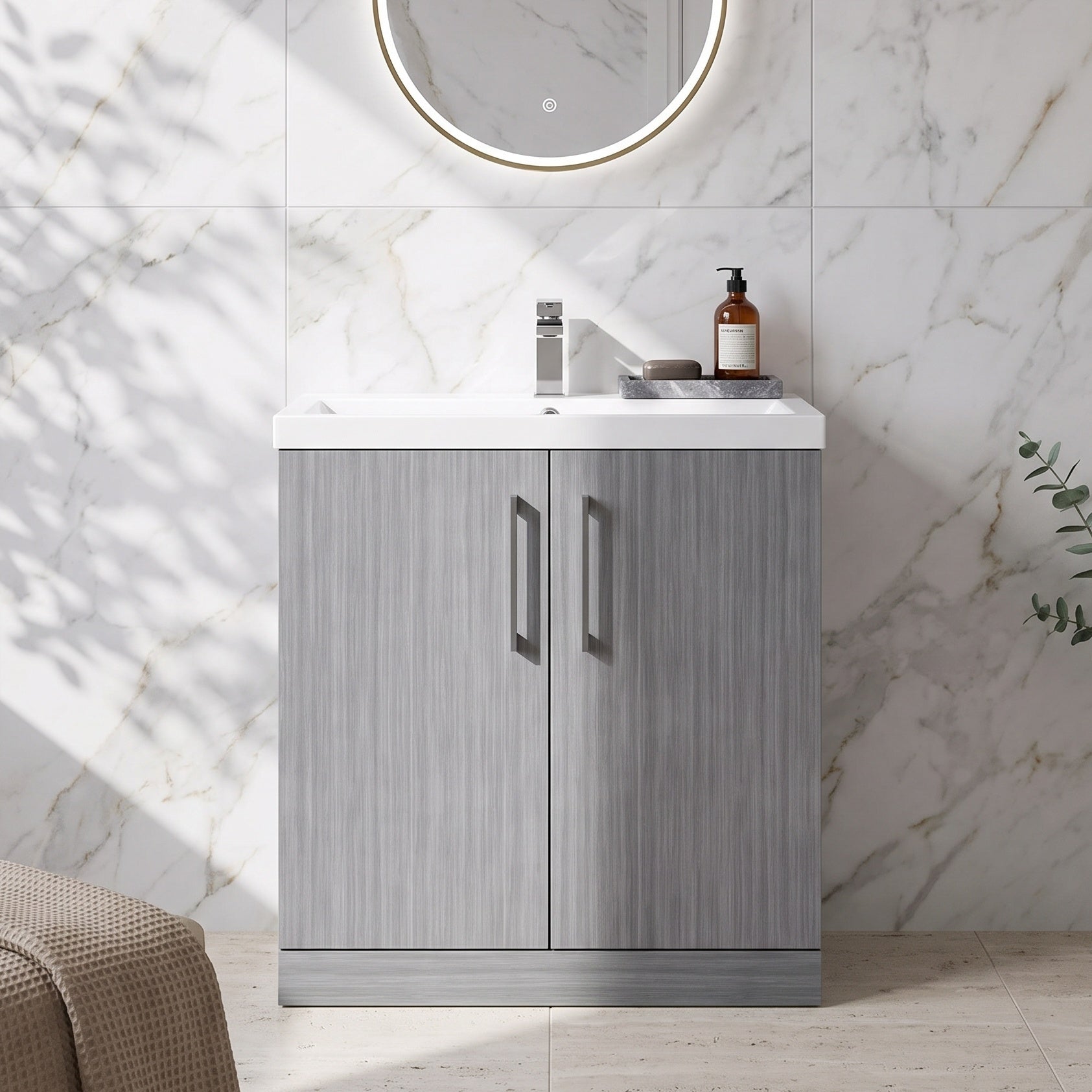 Fairford Aspri Grey Woodgrain 800mm 2 Door Floorstanding Vanity Unit
