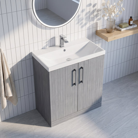 Fairford Aspri Grey Woodgrain 800mm 2 Door Floorstanding Vanity Unit