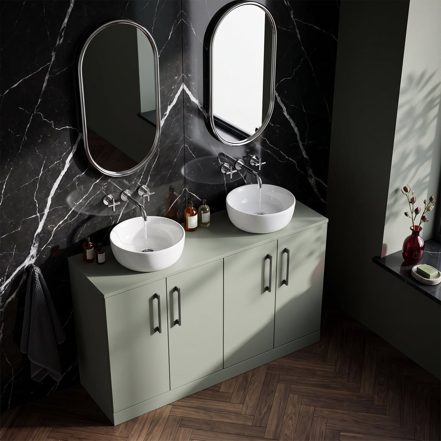 Fairford Aspri Satin Green 1200mm 4 Door Floorstanding Vanity Unit with Worktop
