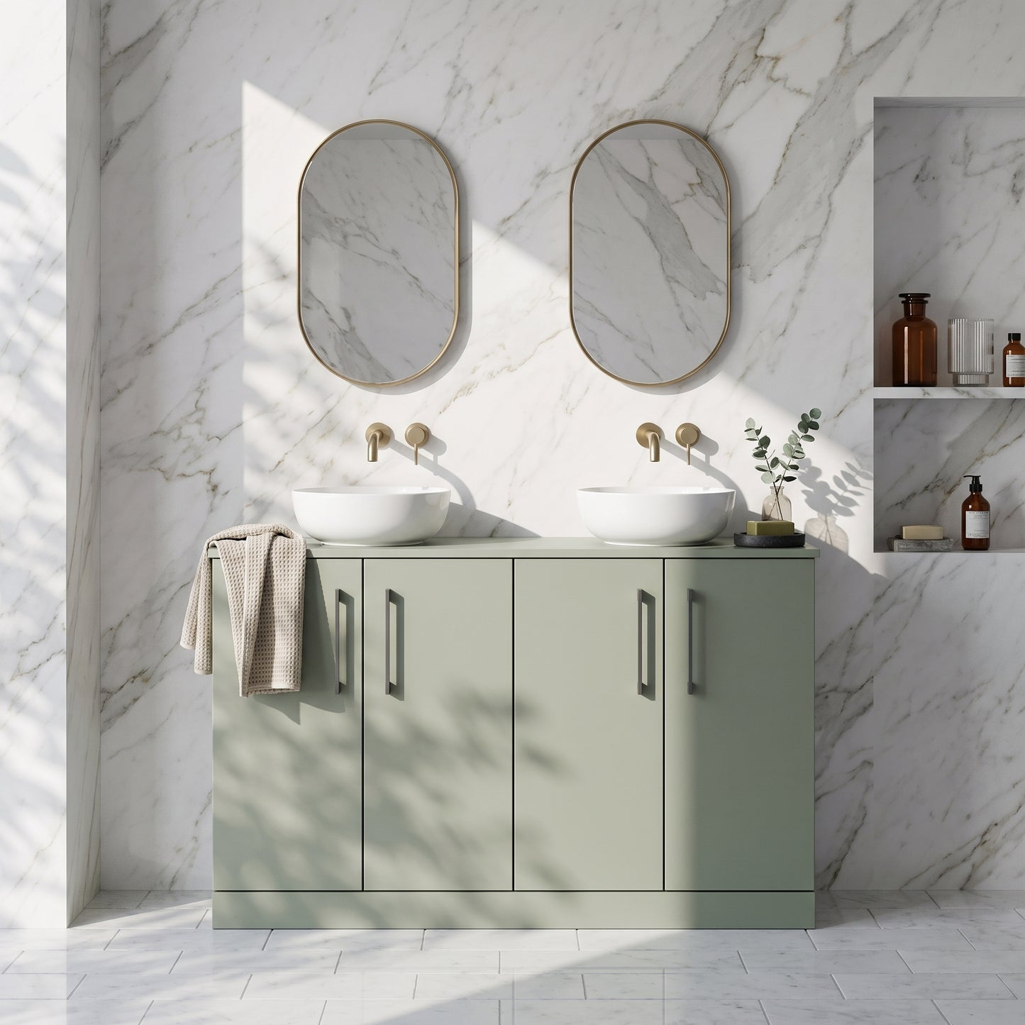 Fairford Aspri Satin Green 1200mm 4 Door Floorstanding Vanity Unit with Worktop