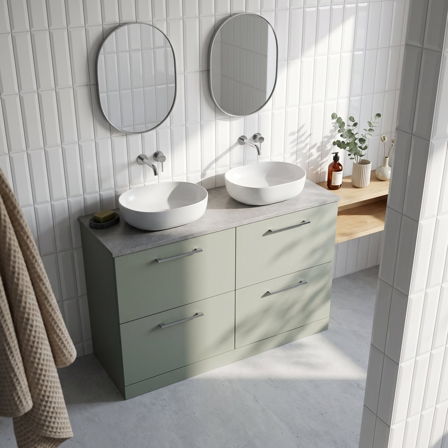 Fairford Aspri Satin Green 1200mm 4 Drawer Floorstanding Vanity Unit with Worktop