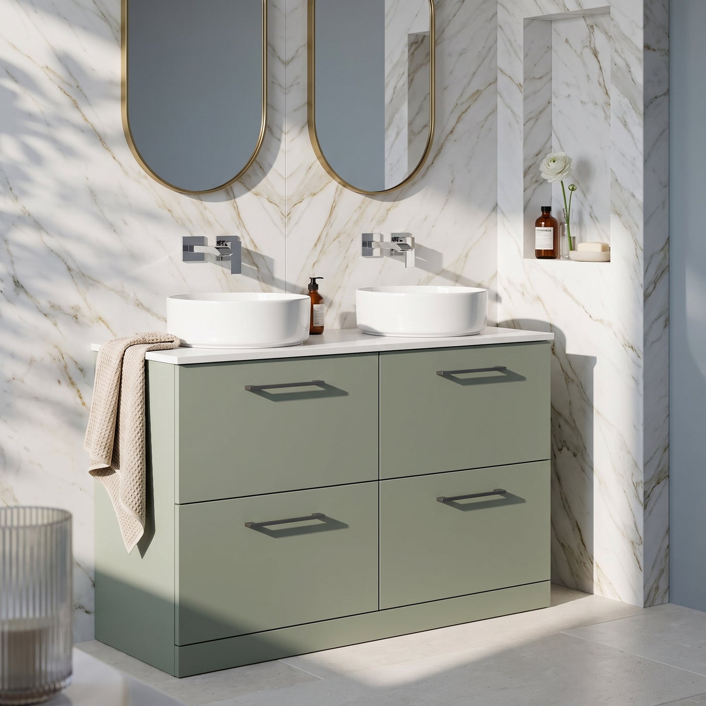 Fairford Aspri Satin Green 1200mm Floorstanding Double Vanity Unit with 4 Drawers and Basin