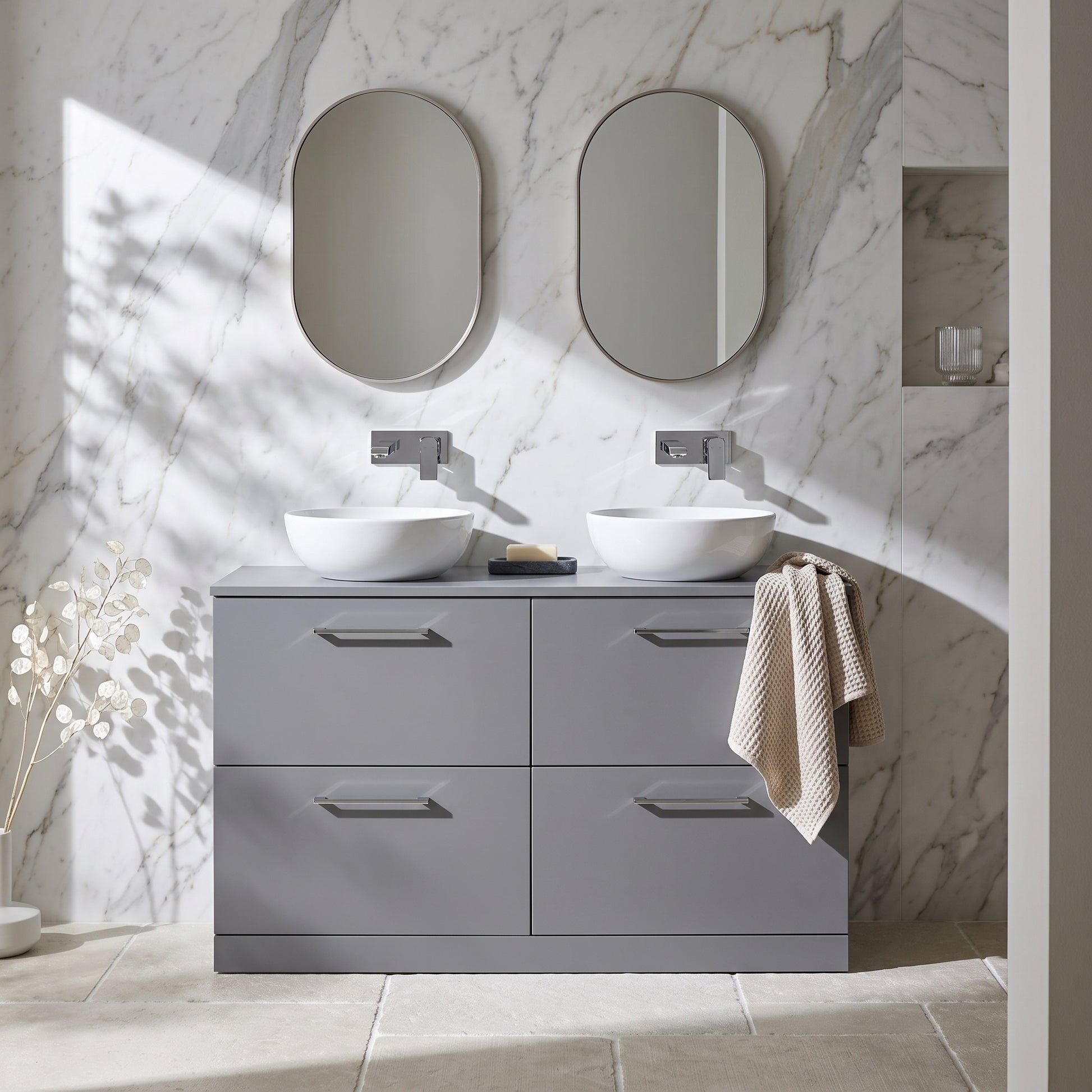 Fairford Aspri Satin Grey 1200mm 4 Drawer Floorstanding Vanity Unit with Worktop