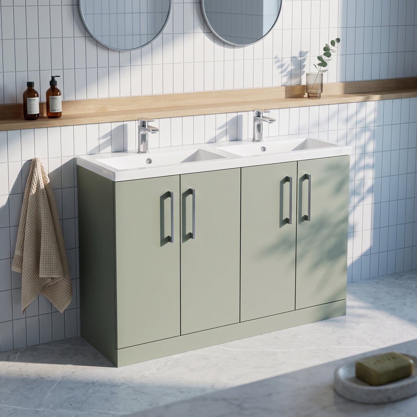 Fairford Aspri Satin Green 1200mm Floorstanding Double Vanity Unit with Doors and Basin