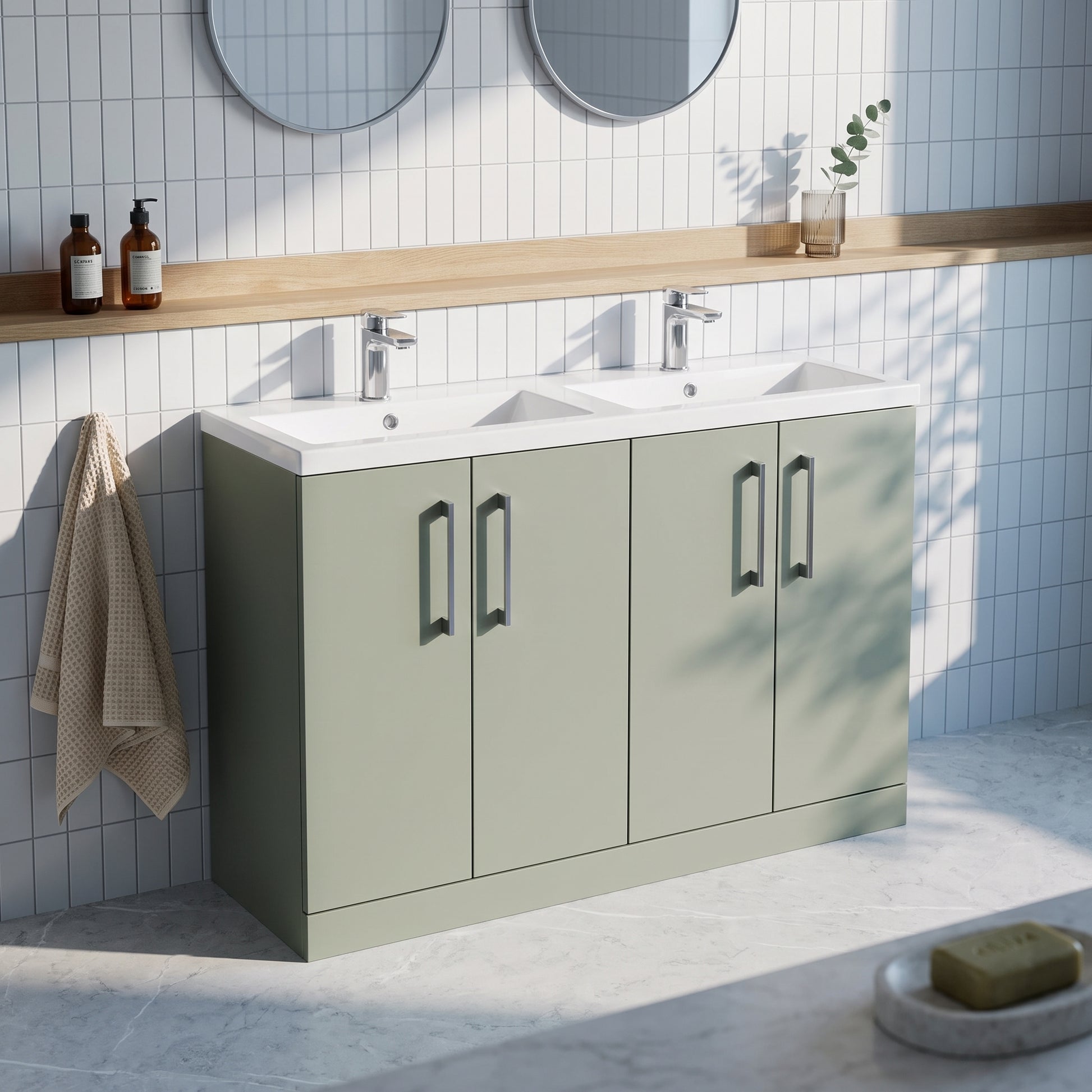 Fairford Aspri Satin Green 1200mm Floorstanding Double Vanity Unit with Doors and Basin