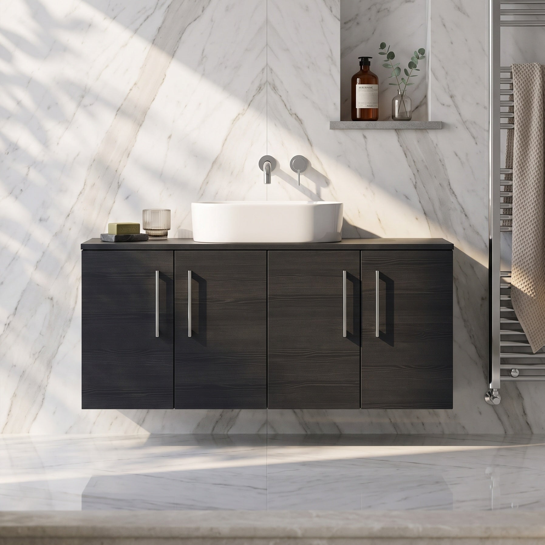 Fairford Aspri Black Woodgrain 1200mm 4 Door Wall Hung Vanity Unit with Worktop