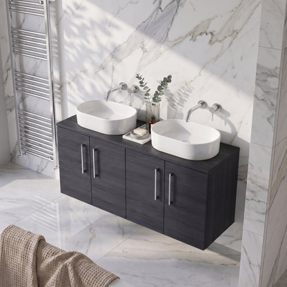Fairford Aspri Black Woodgrain 1200mm 4 Door Wall Hung Vanity Unit with Worktop