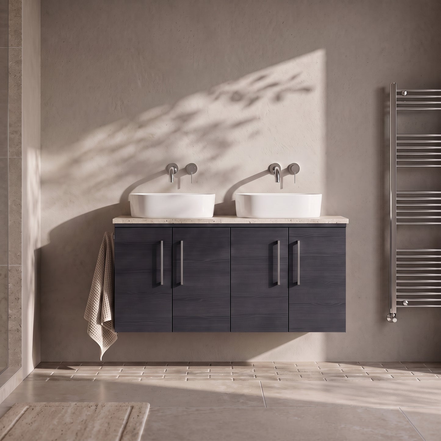 Fairford Aspri Black Woodgrain 1200mm 4 Door Wall Hung Vanity Unit with Worktop