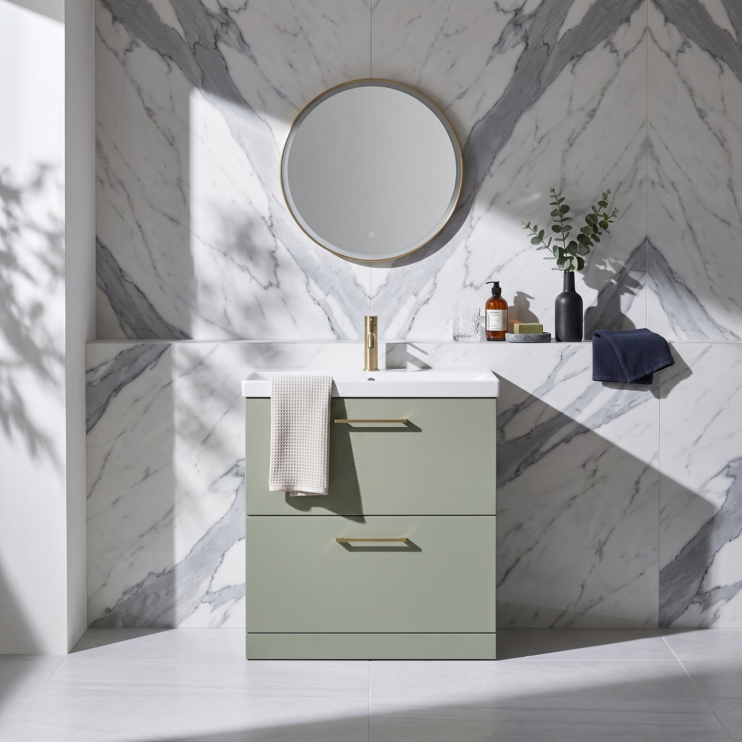Fairford Aspri 800mm Satin Green 2-Drawer Floorstanding Vanity Unit