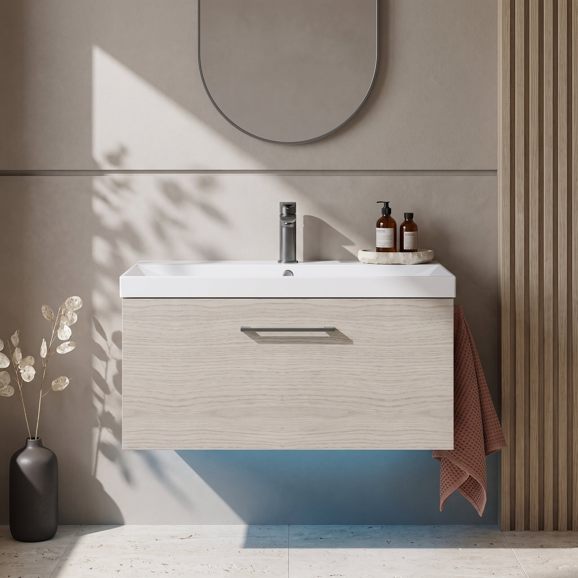Fairford Aspri 800mm Solace Oak 1-Drawer Wall Hung Vanity Unit