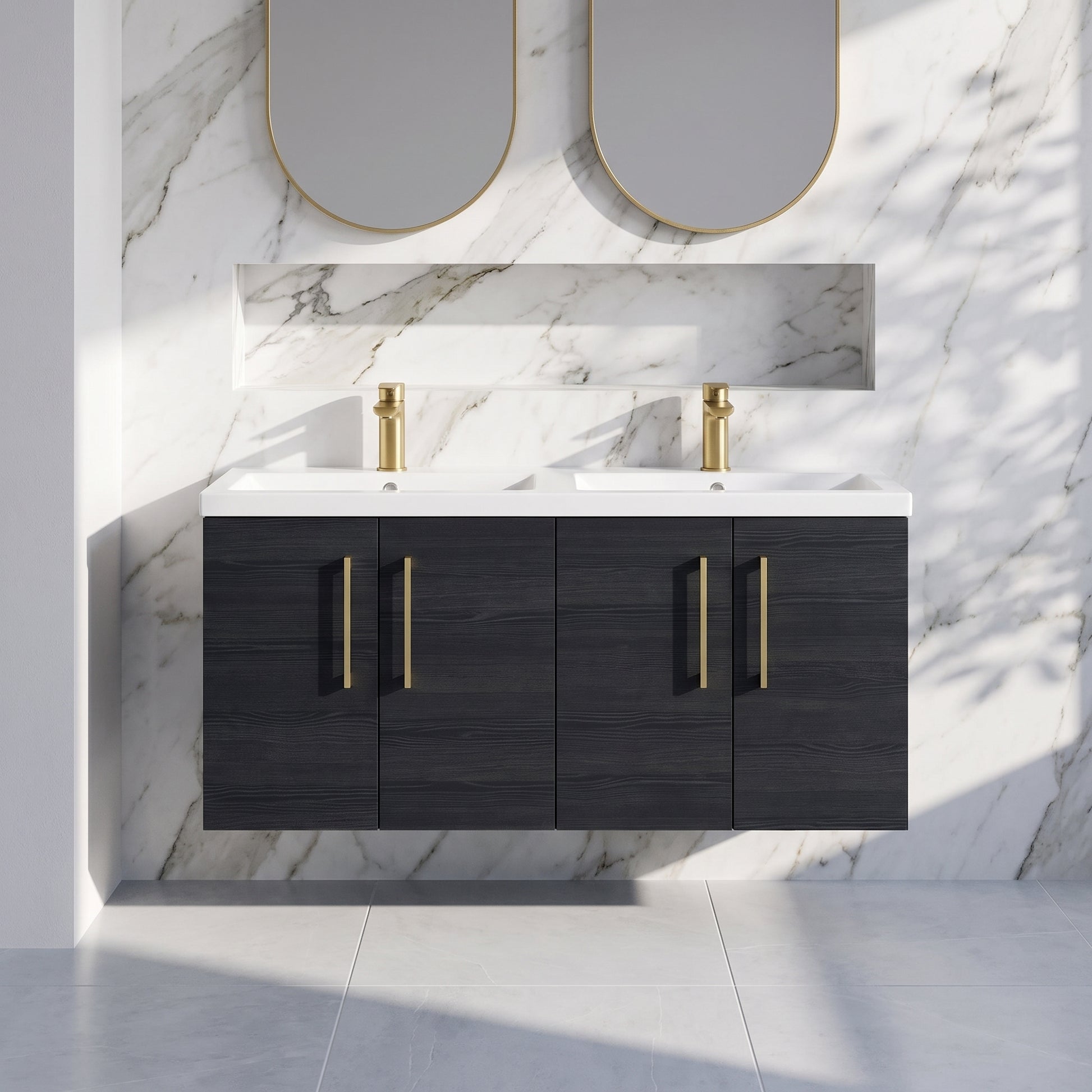Fairford Aspri Black Woodgrain 1200mm 4 Door Wall Hung Vanity Unit