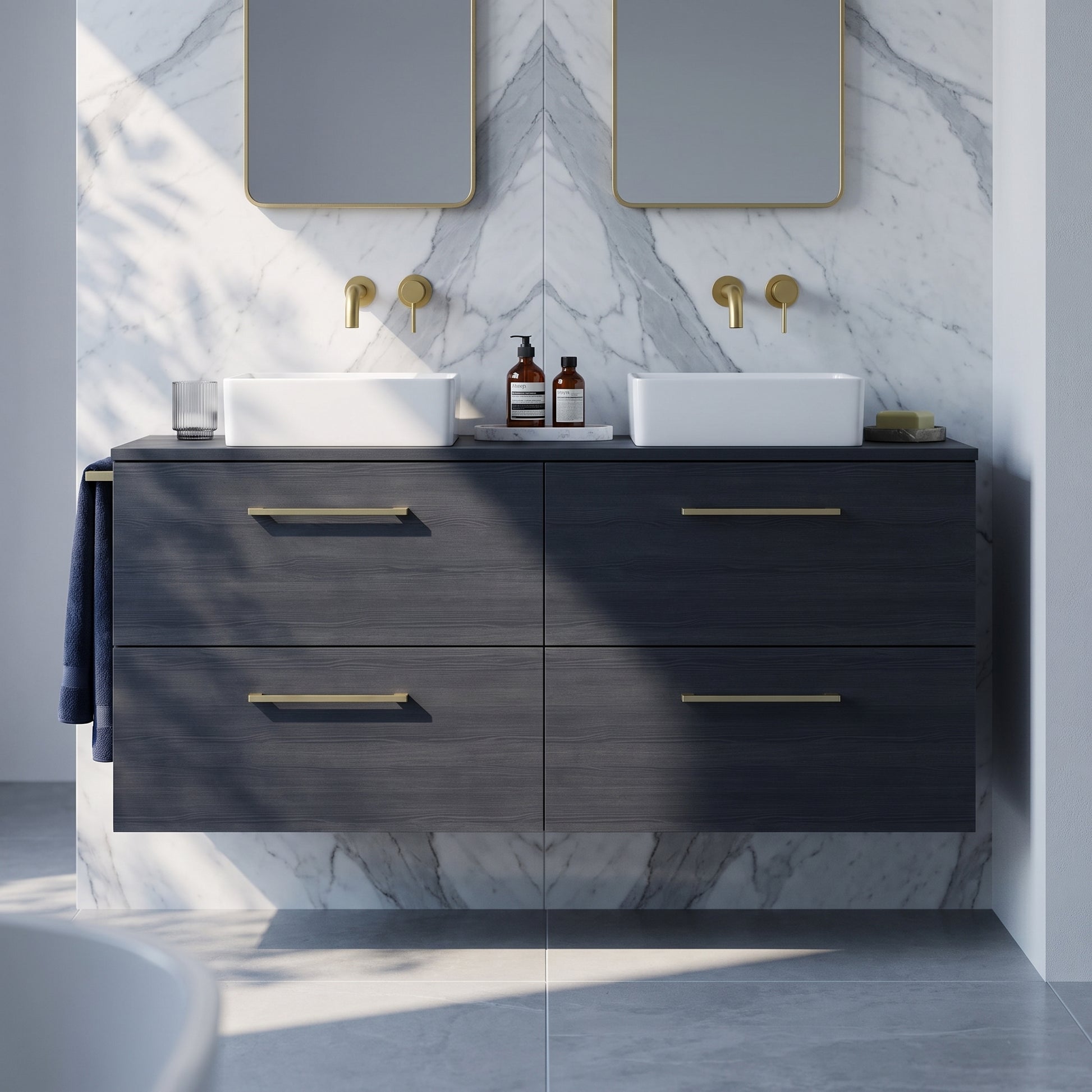 Fairford Aspri Black Woodgrain 1200mm 4 Drawer Wall Hung Vanity Unit with Worktop