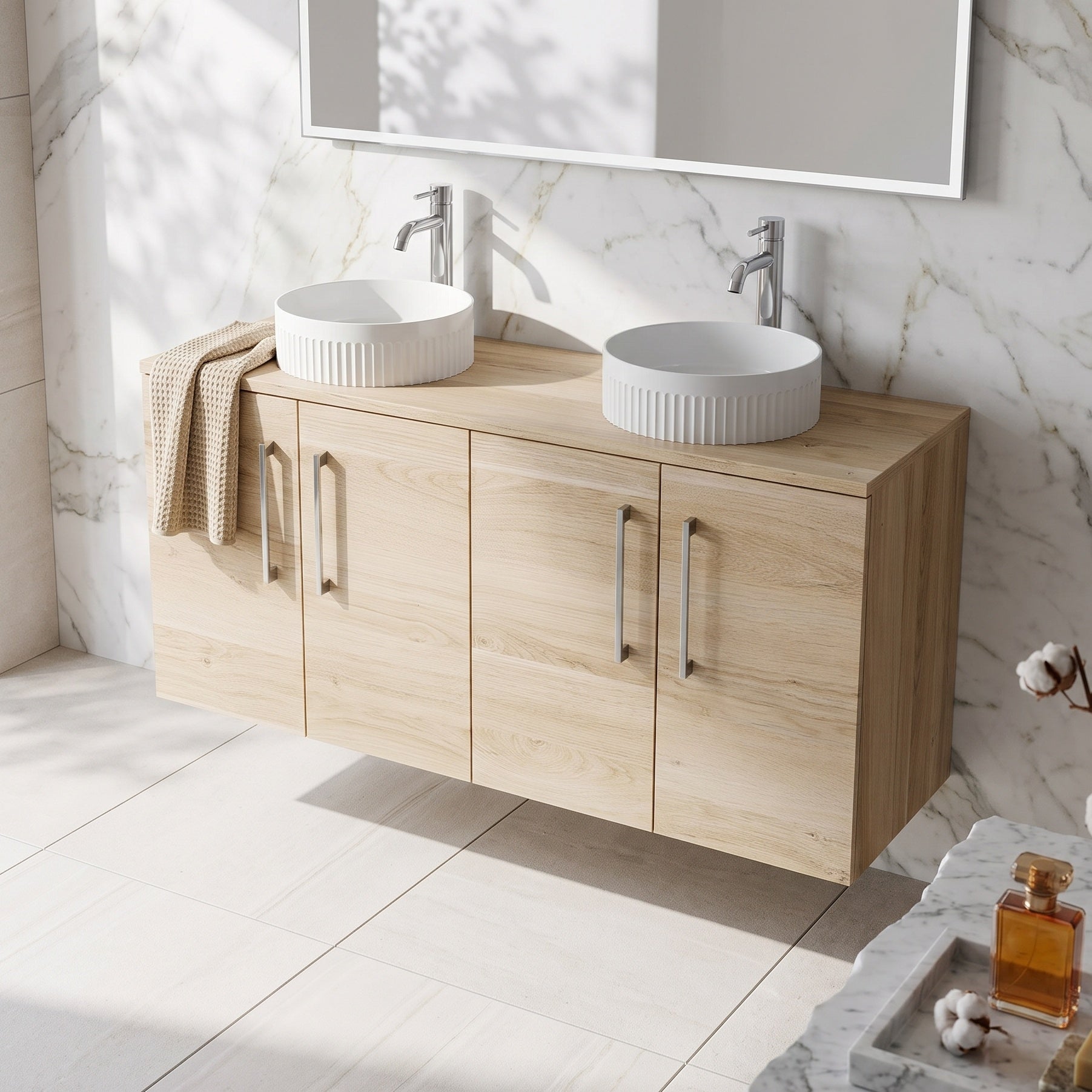 Fairford Aspri Bleached Oak 1200mm 4 Door Wall Hung Vanity Unit with Worktop