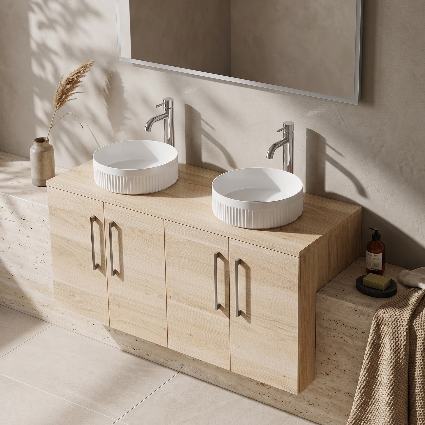 Fairford Aspri Bleached Oak 1200mm 4 Door Wall Hung Vanity Unit with Worktop