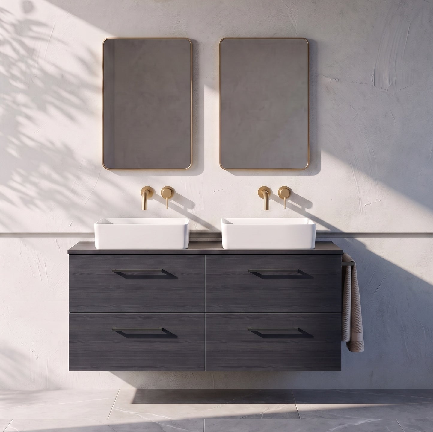 Fairford Aspri Black Woodgrain 1200mm 4 Drawer Wall Hung Vanity Unit with Worktop