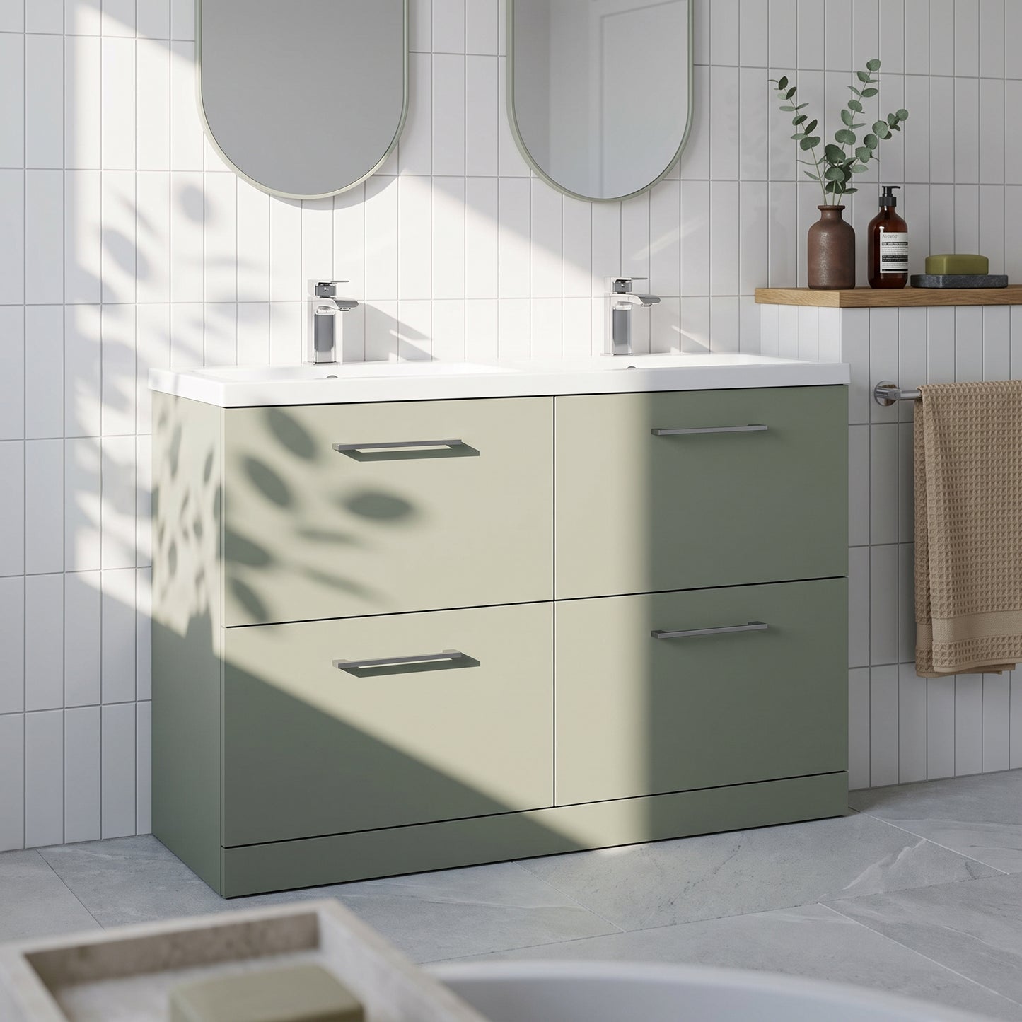 Fairford Aspri Satin Green 1200mm Floorstanding Double Vanity Unit with 4 Drawers and Basin