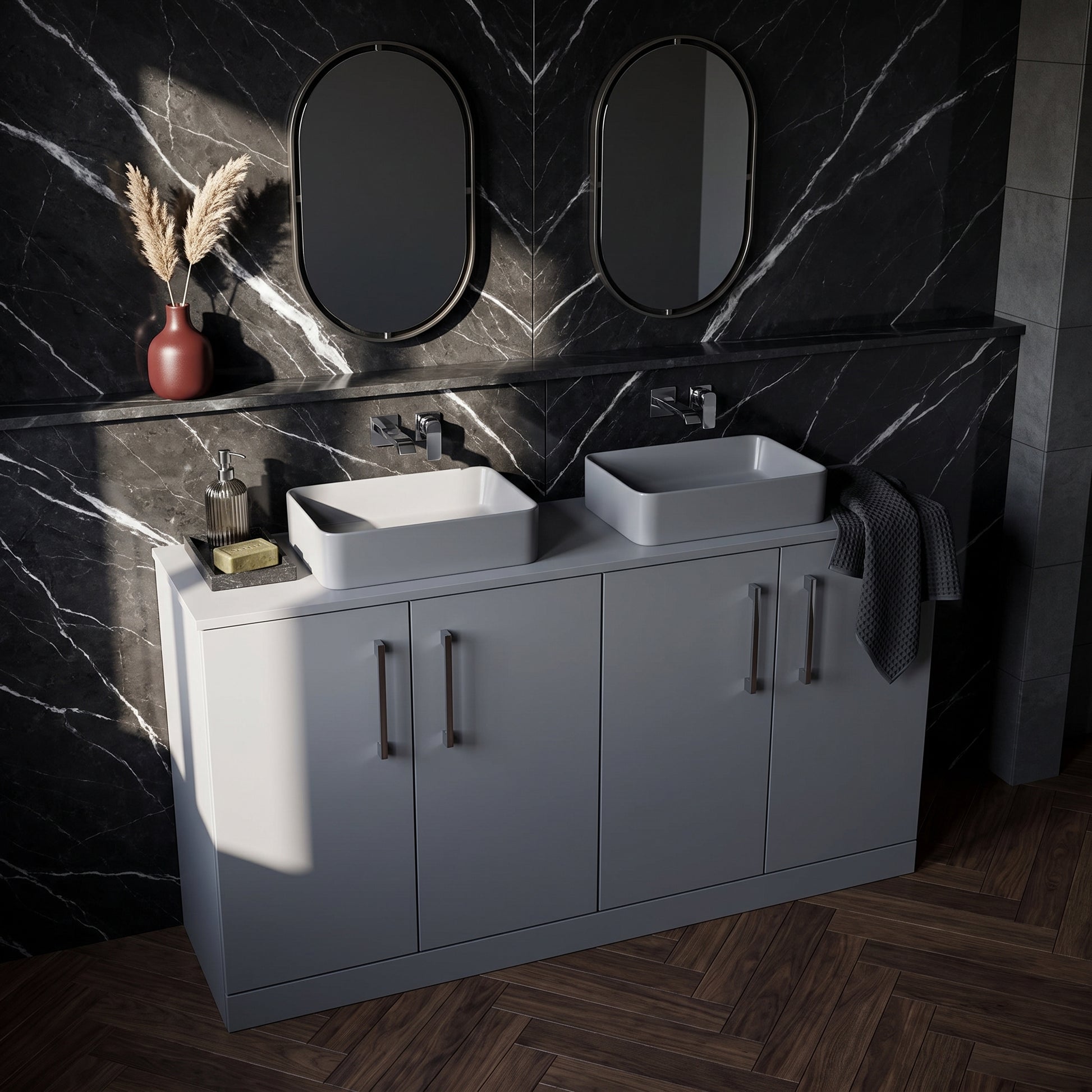 Fairford Aspri Satin Grey 1200mm 4 Door Floorstanding Vanity Unit with Worktop