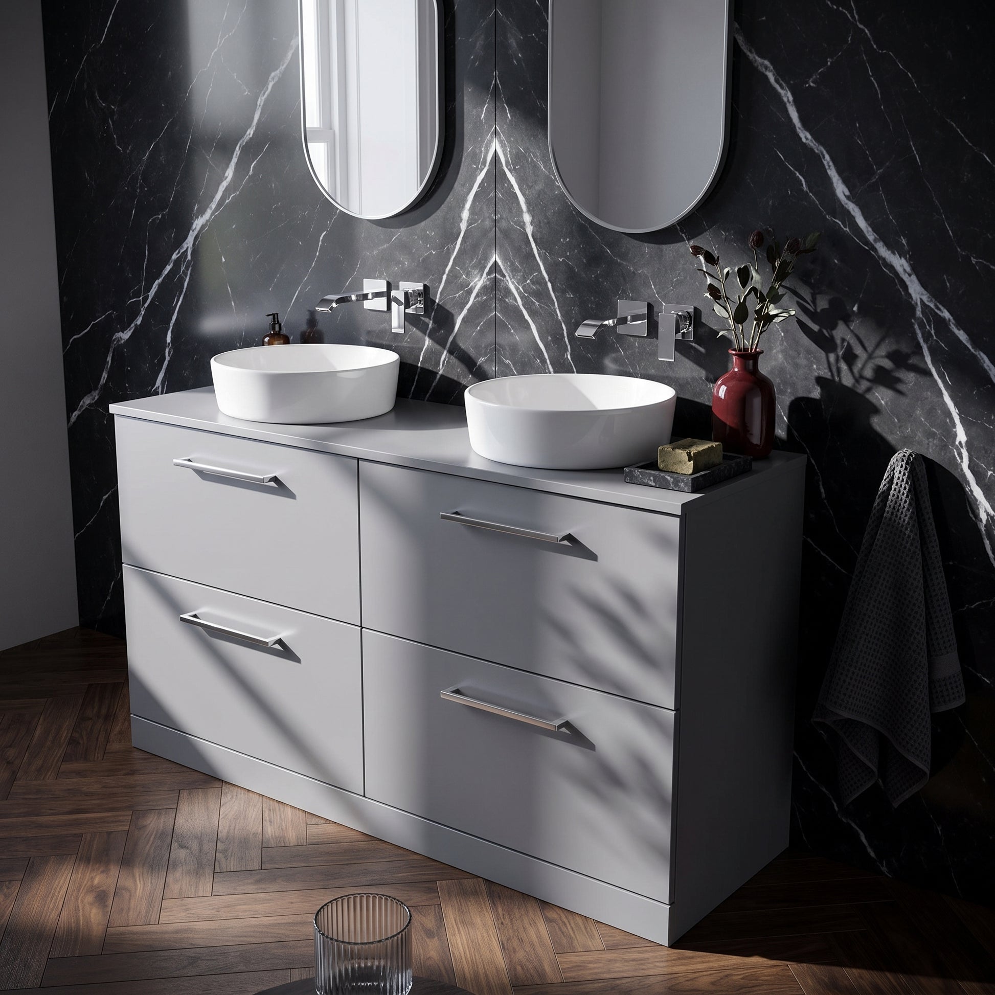 Fairford Aspri Satin Grey 1200mm 4 Drawer Floorstanding Vanity Unit with Worktop