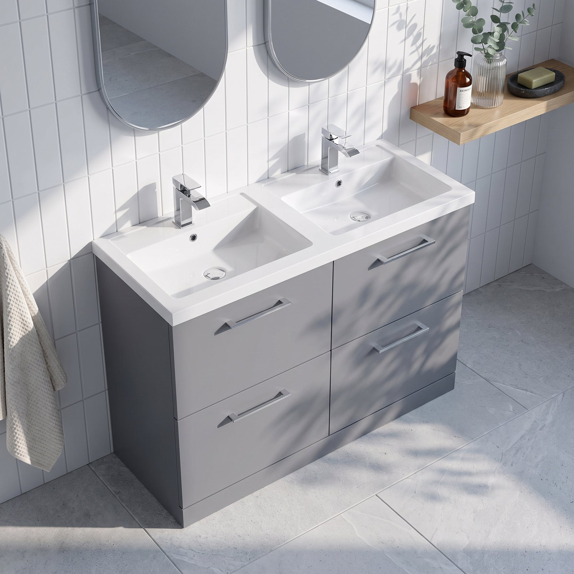 Fairford Aspri Satin Grey 1200mm Floorstanding Double Vanity Unit with 4 Drawers and Basin