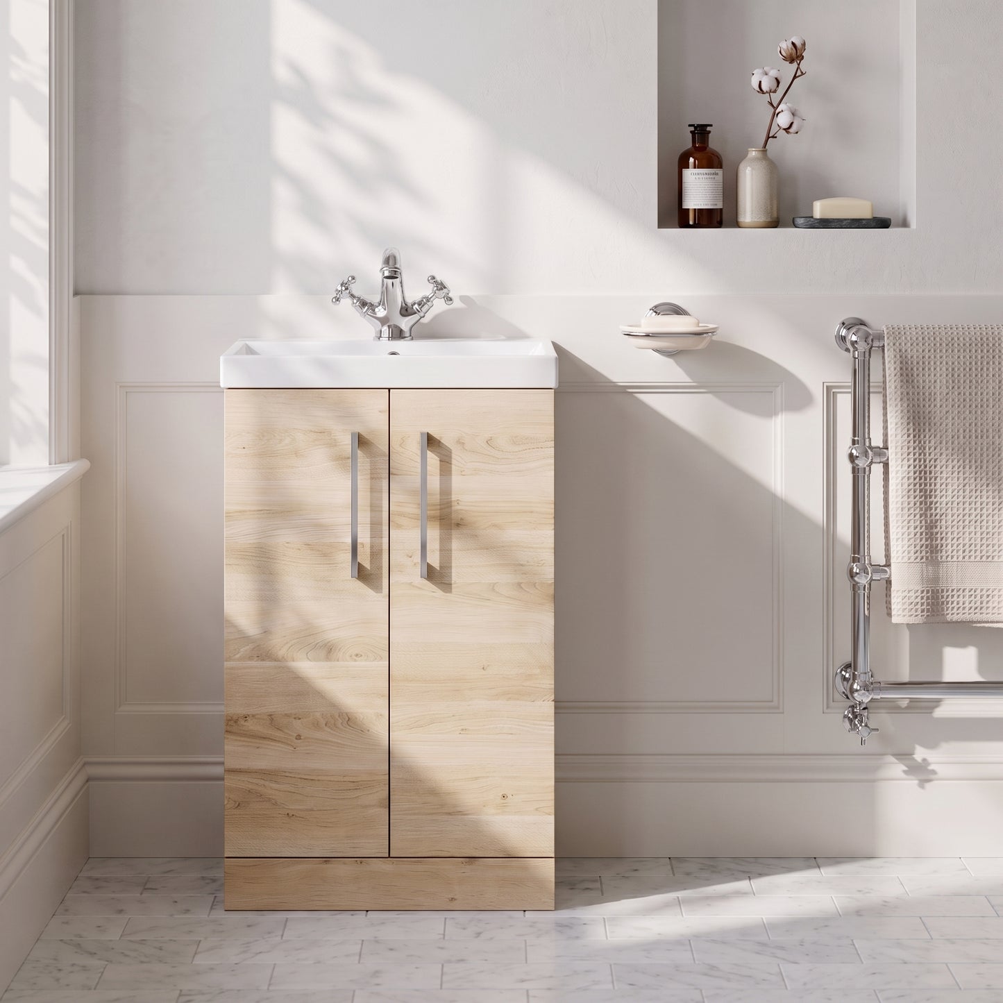 Fairford Aspri Bleached Oak 500mm 2 Door Floorstanding Vanity Unit