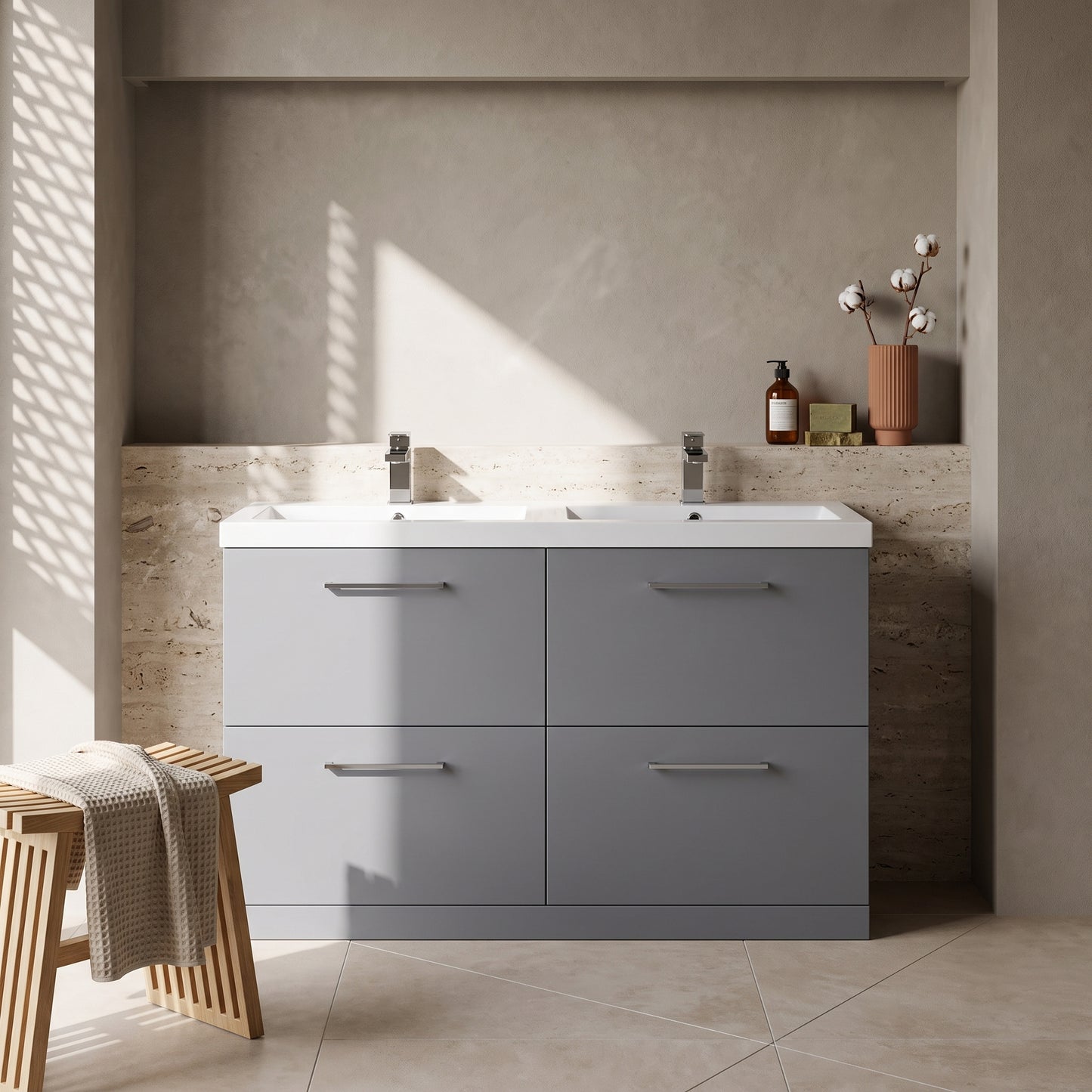 Fairford Aspri Satin Grey 1200mm Floorstanding Double Vanity Unit with 4 Drawers and Basin