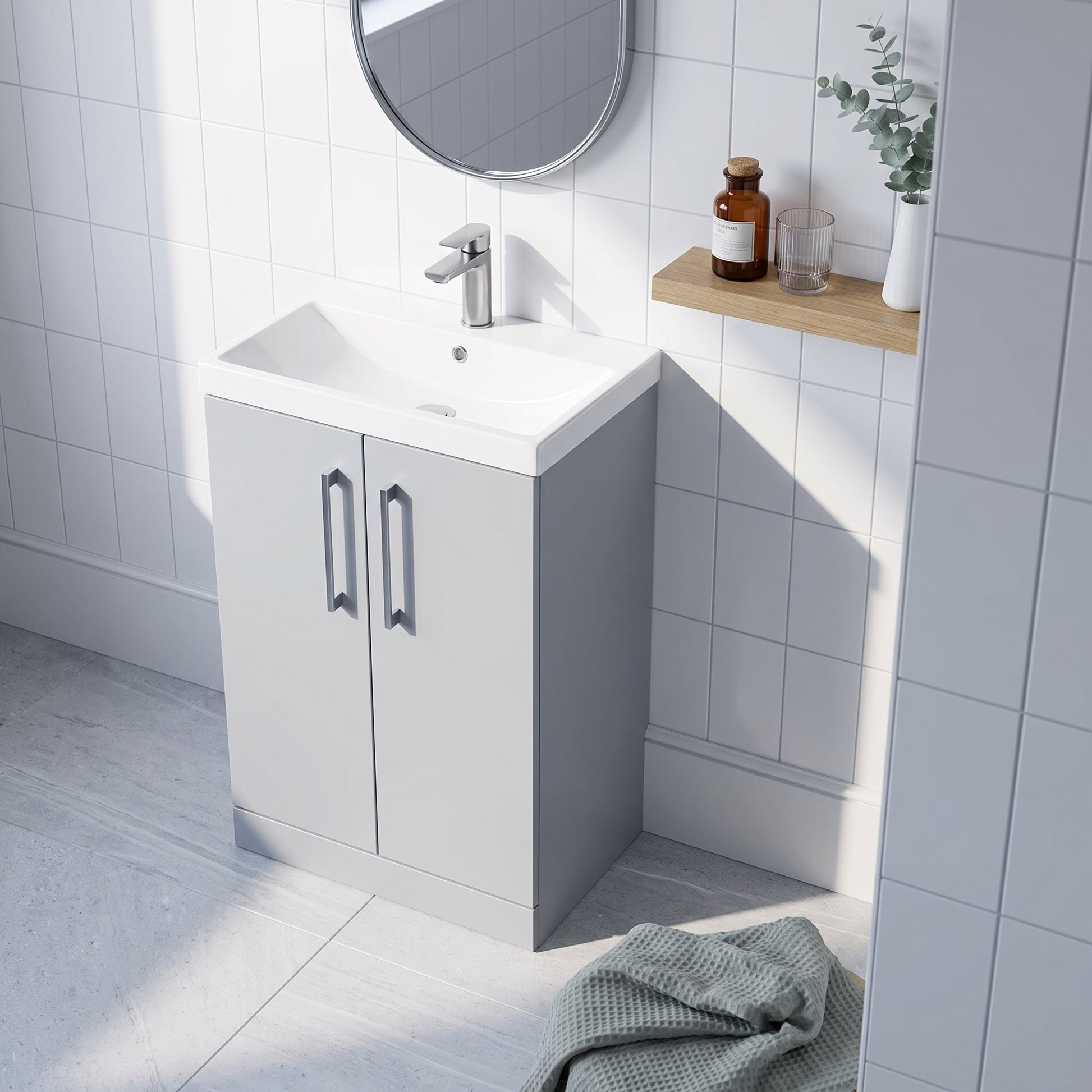 Fairford Aspri Satin Grey 600mm 2 Door Floorstanding Vanity Unit