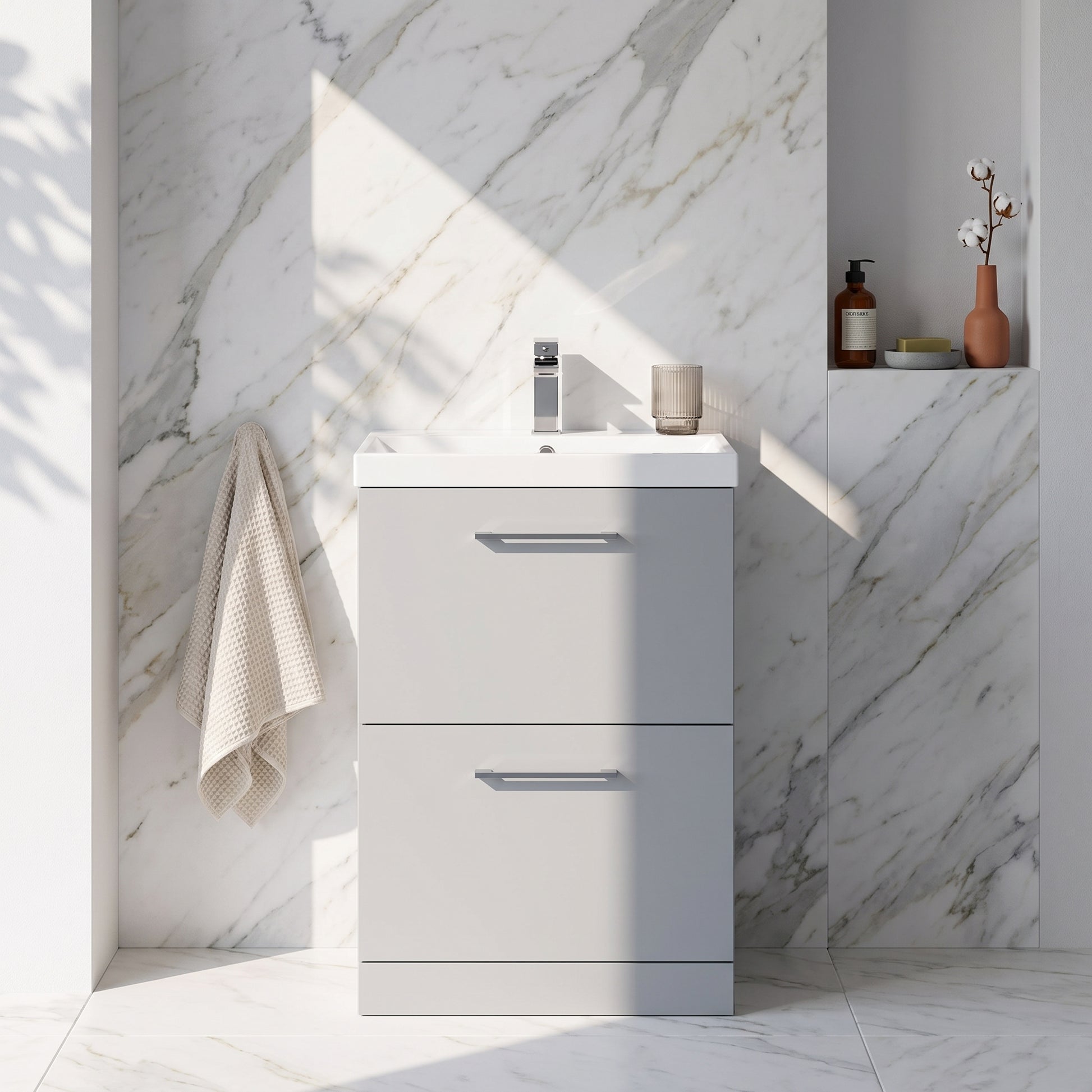 Fairford Aspri Satin Grey 600mm 2 Drawer Floorstanding Vanity Unit