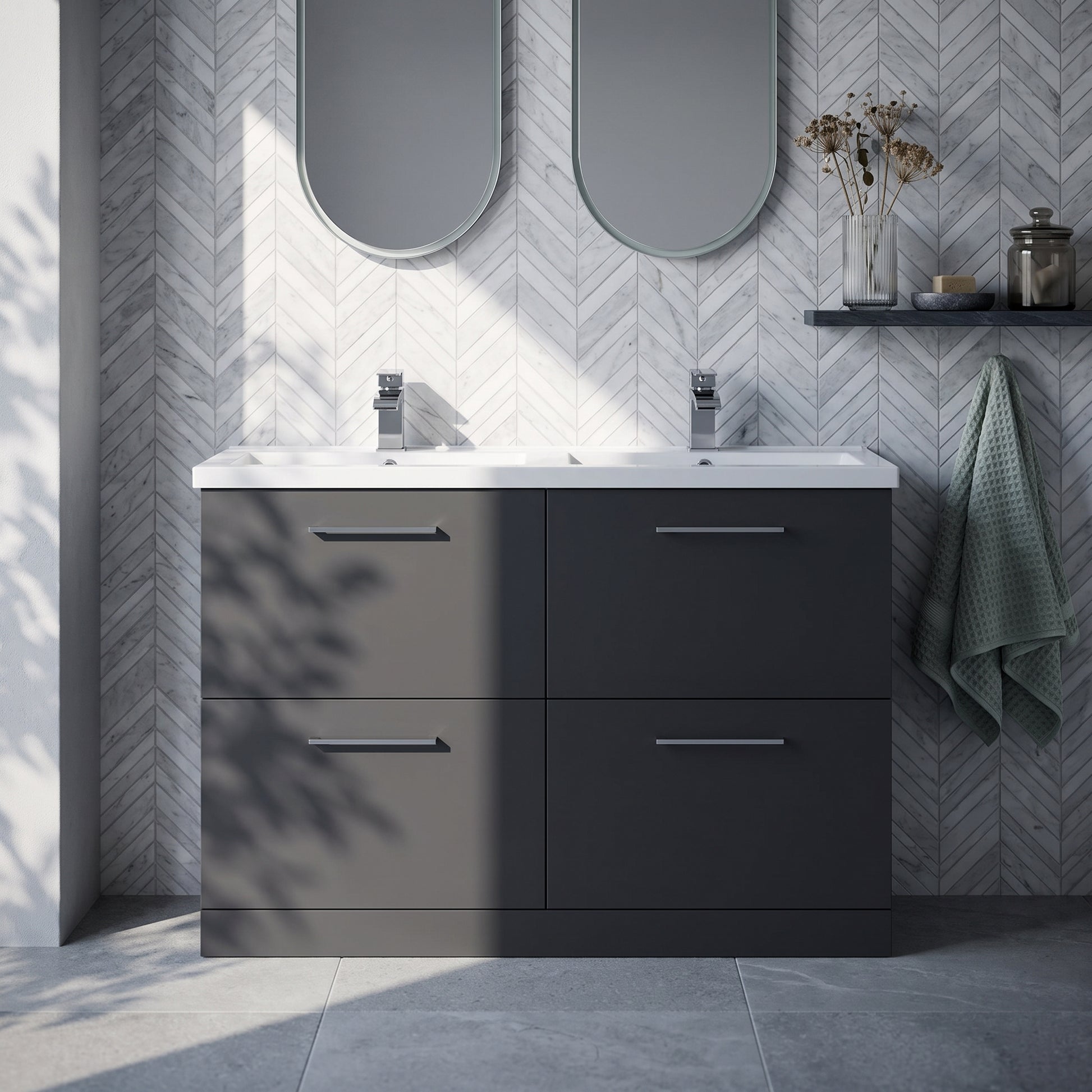 Fairford Aspri Soft Black 1200mm Floorstanding Double Vanity Unit with 4 Drawers and Basin
