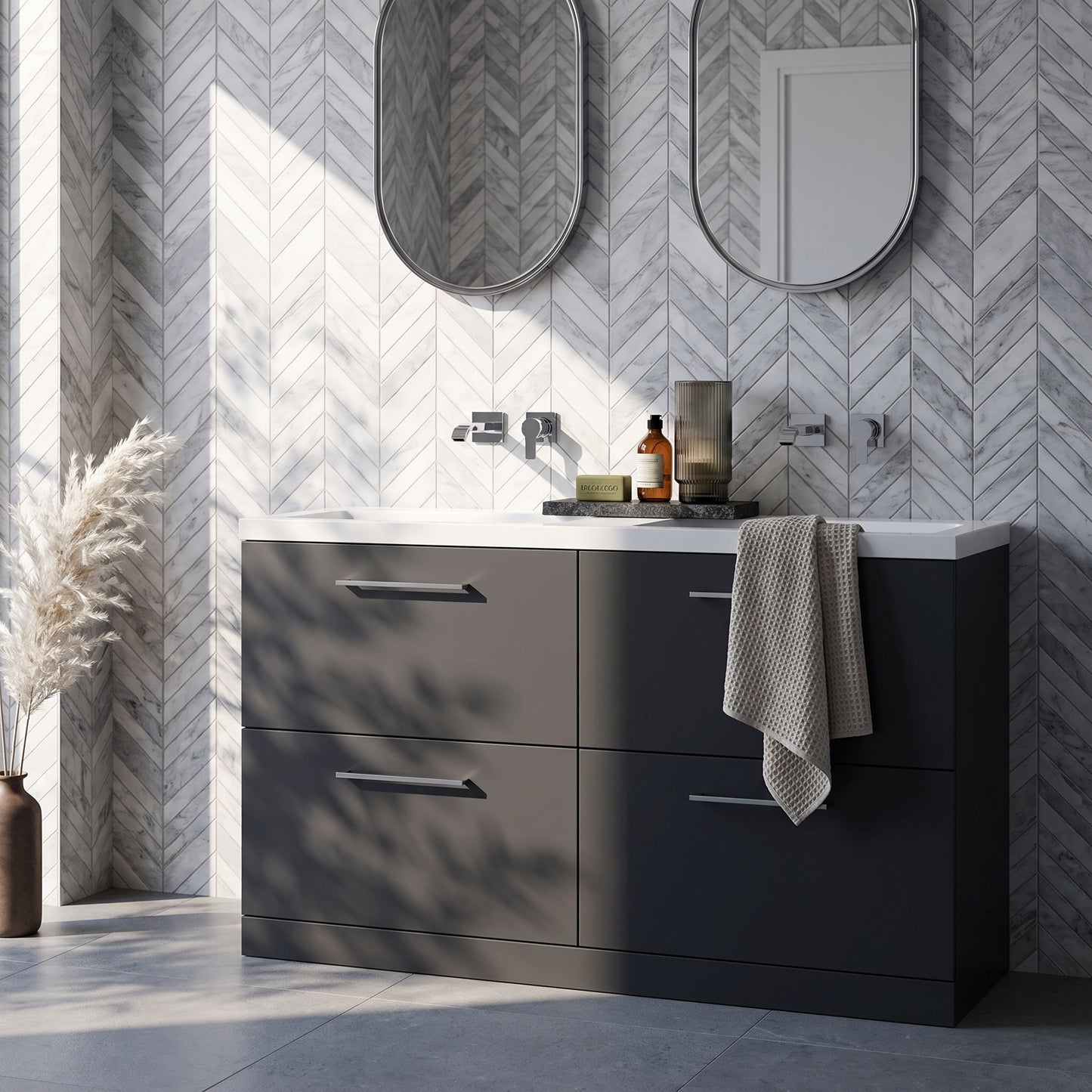 Fairford Aspri Soft Black 1200mm Floorstanding Double Vanity Unit with 4 Drawers and Basin
