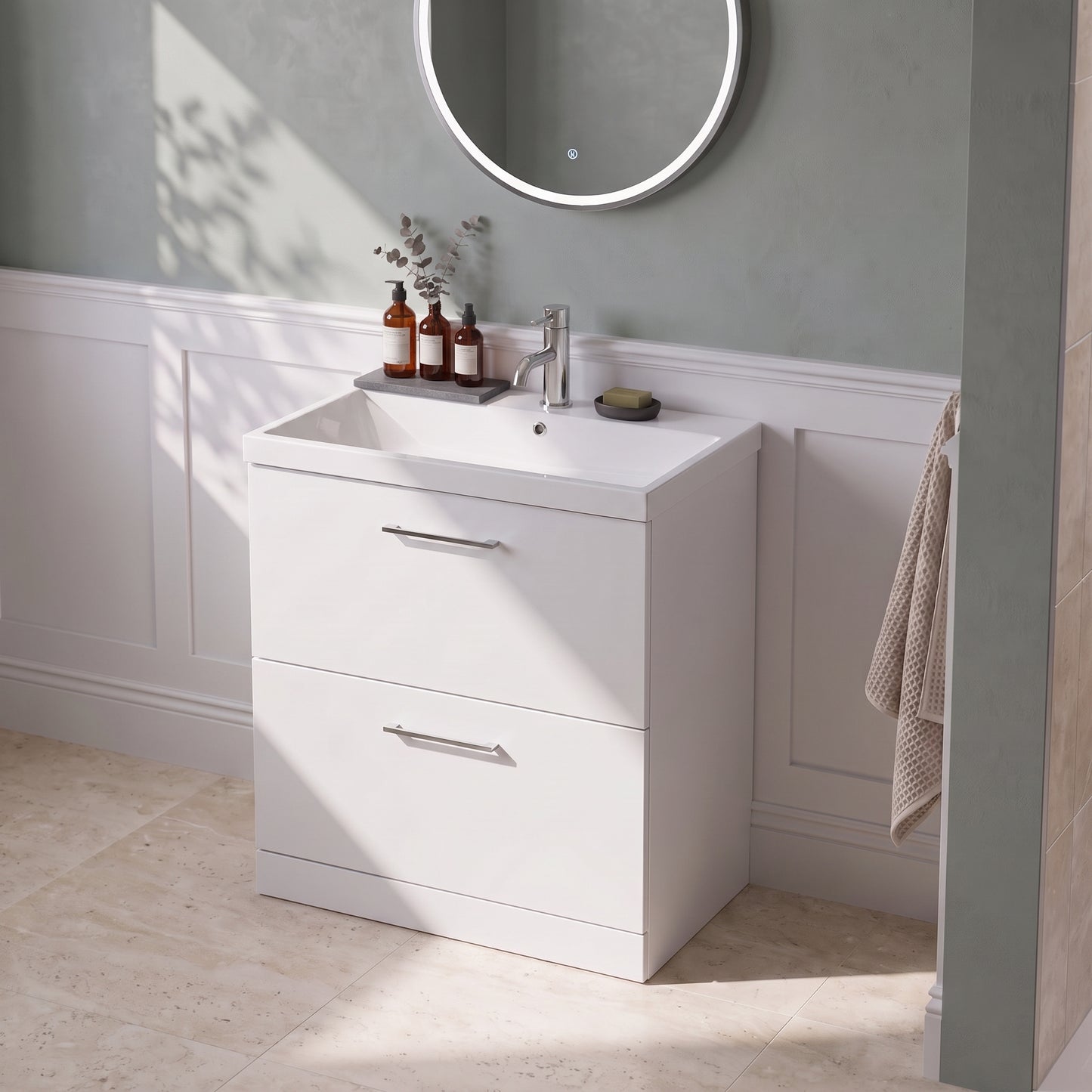 Fairford Aspri 800mm Gloss White 2-Drawer Floorstanding Vanity Unit
