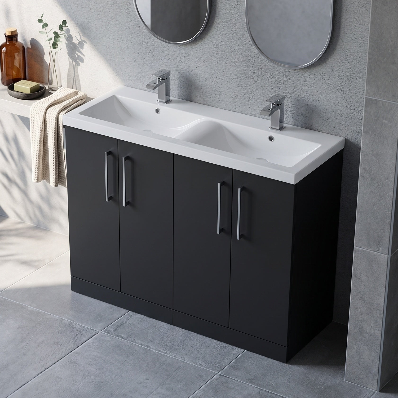 Fairford Aspri Soft Black 1200mm Floorstanding Double Vanity Unit with Doors and Basin