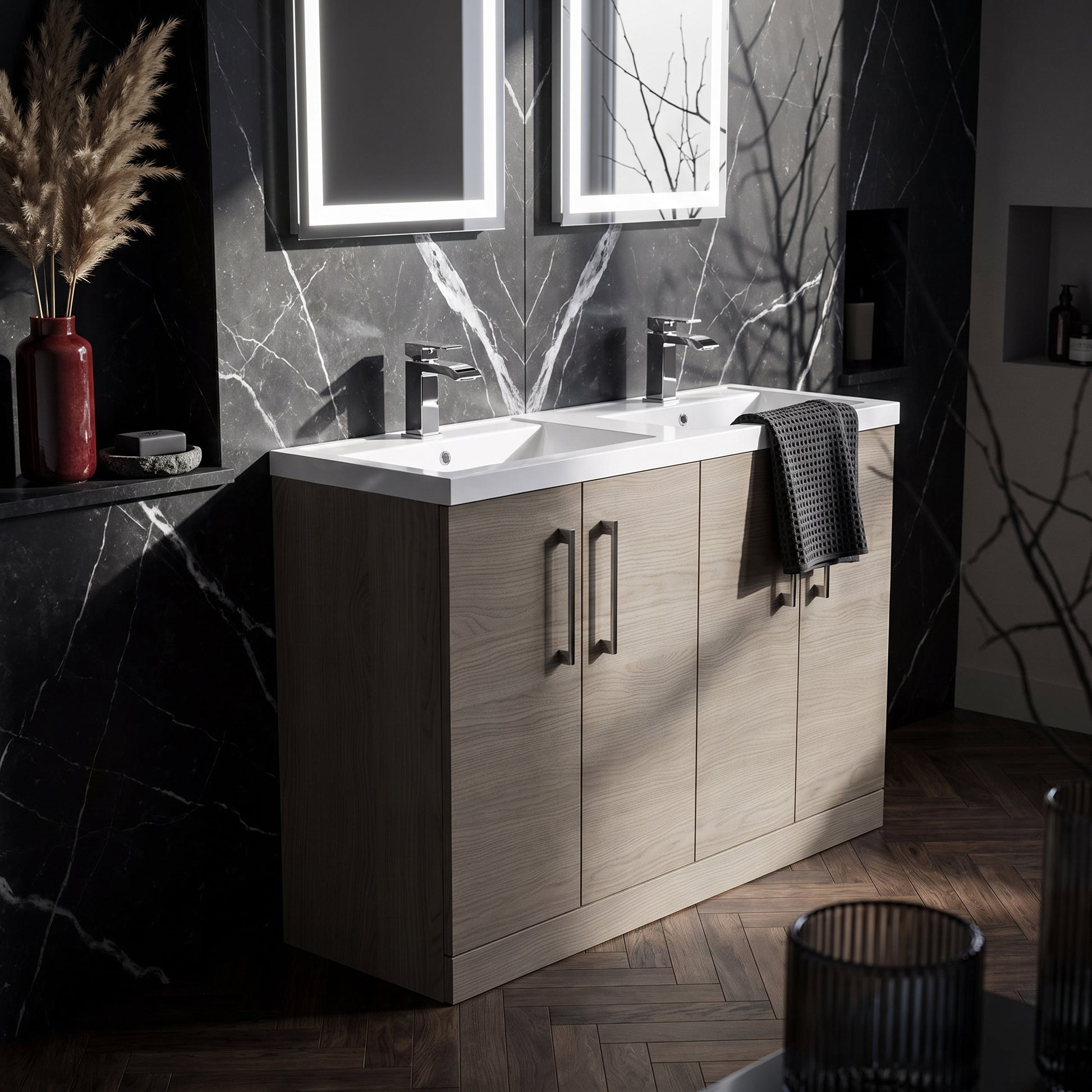 Fairford Aspri Solace Oak 1200mm Floorstanding Double Vanity Unit with Doors and Basin