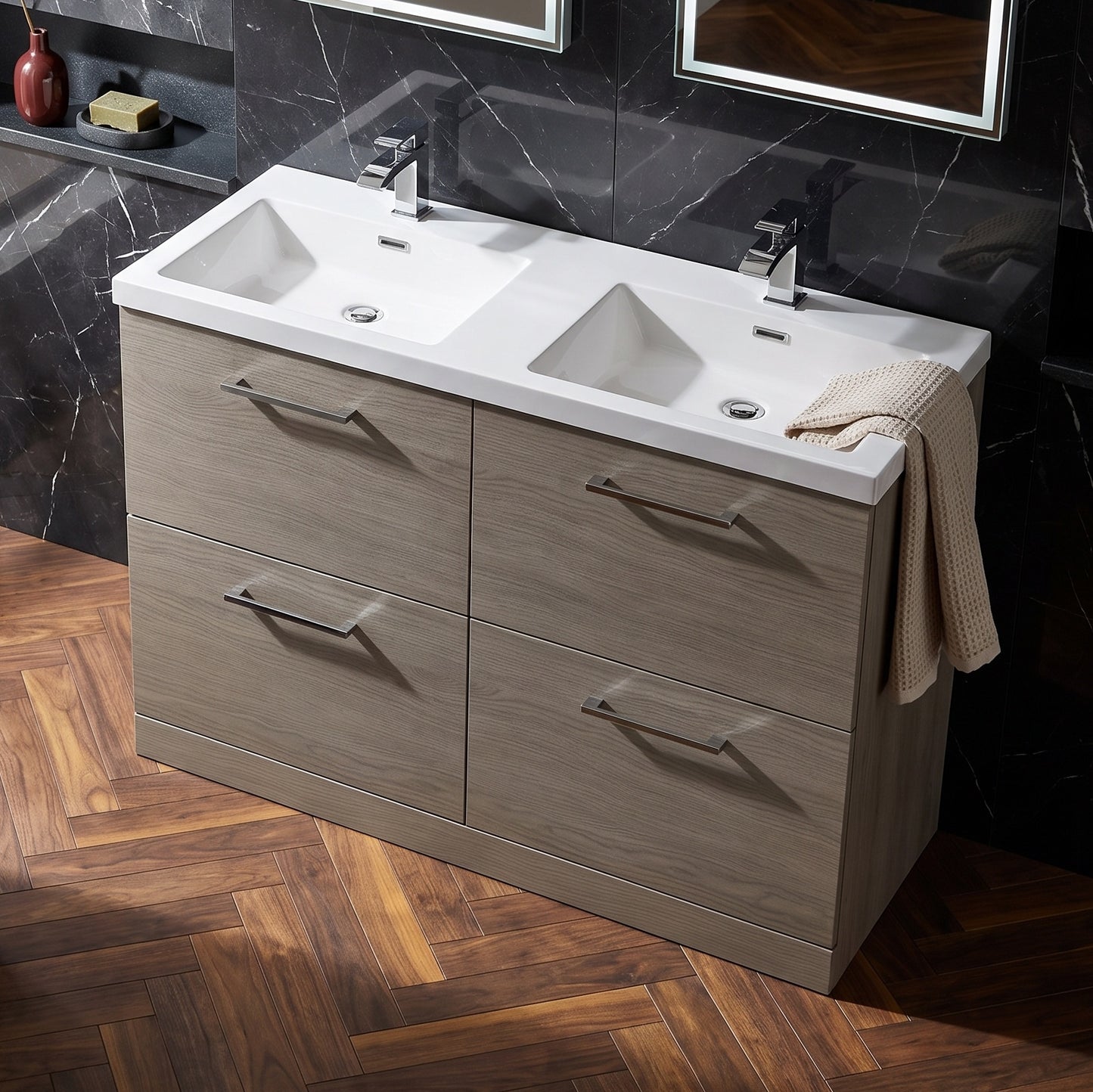 Fairford Aspri Solace Oak 1200mm Floorstanding Double Vanity Unit with 4 Drawers and Basin