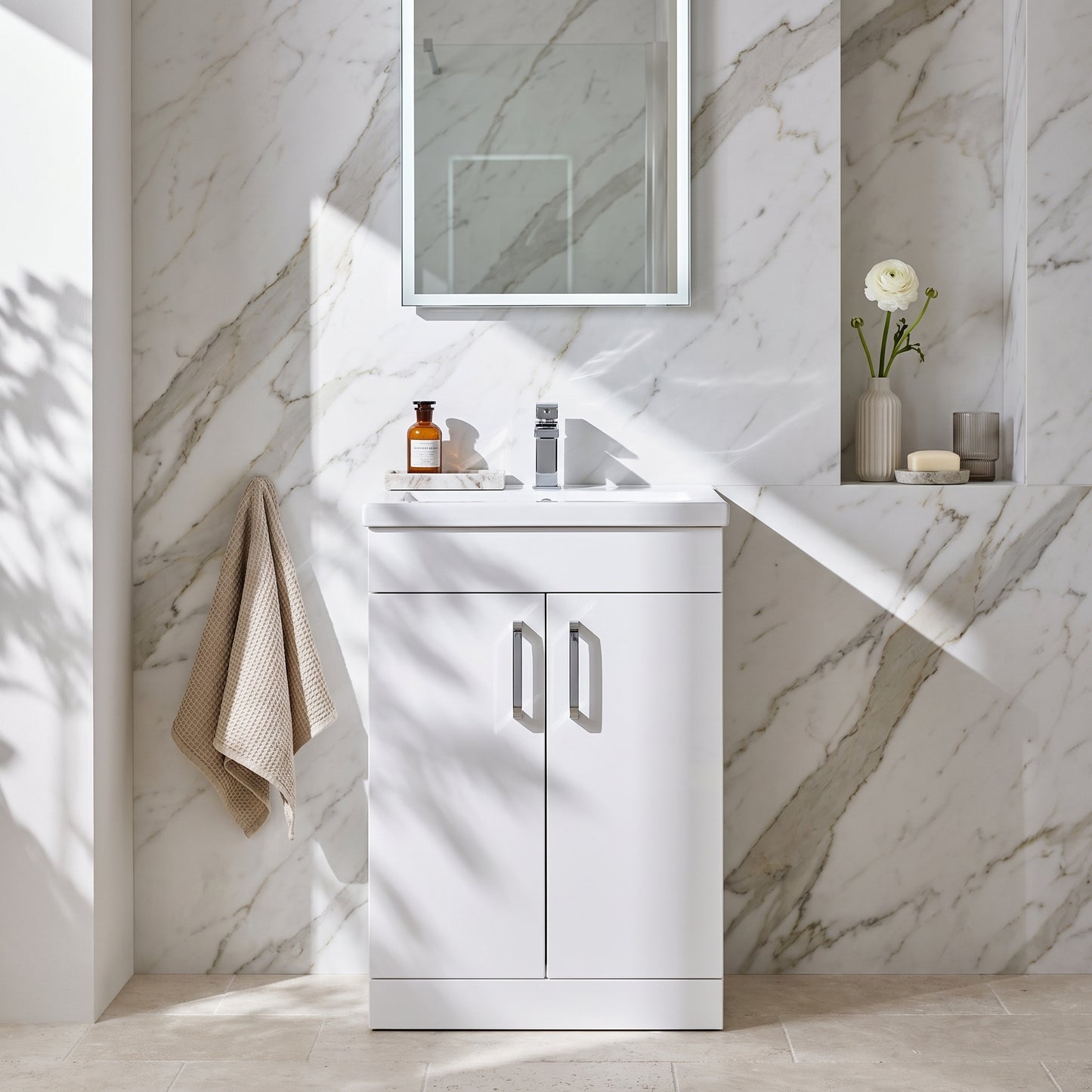 Fairford Carnation 500mm Gloss White Floor Standing 2 Door Vanity Unit, with Basin