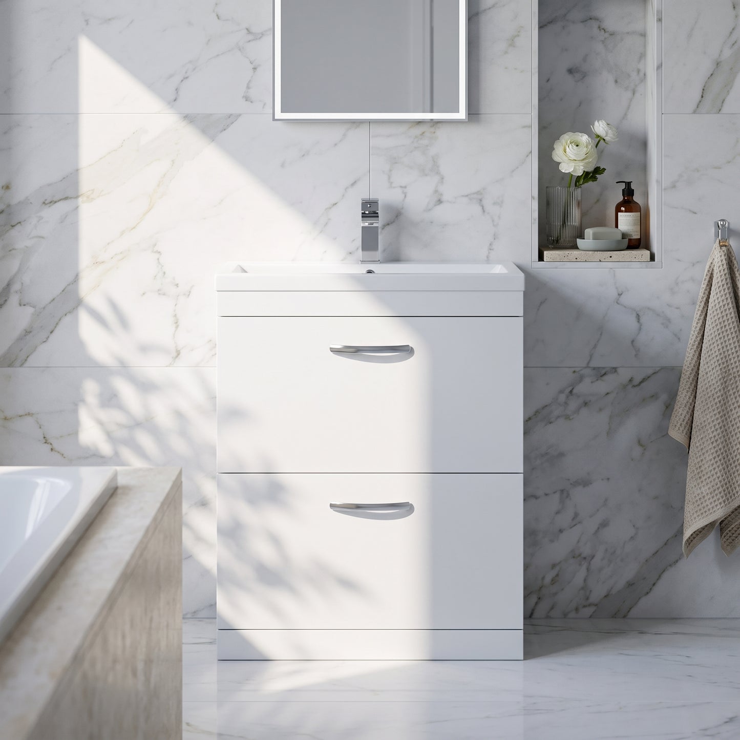 Fairford Carnation 800mm Gloss White Floor Standing 2 Drawer Vanity Unit, with Basin