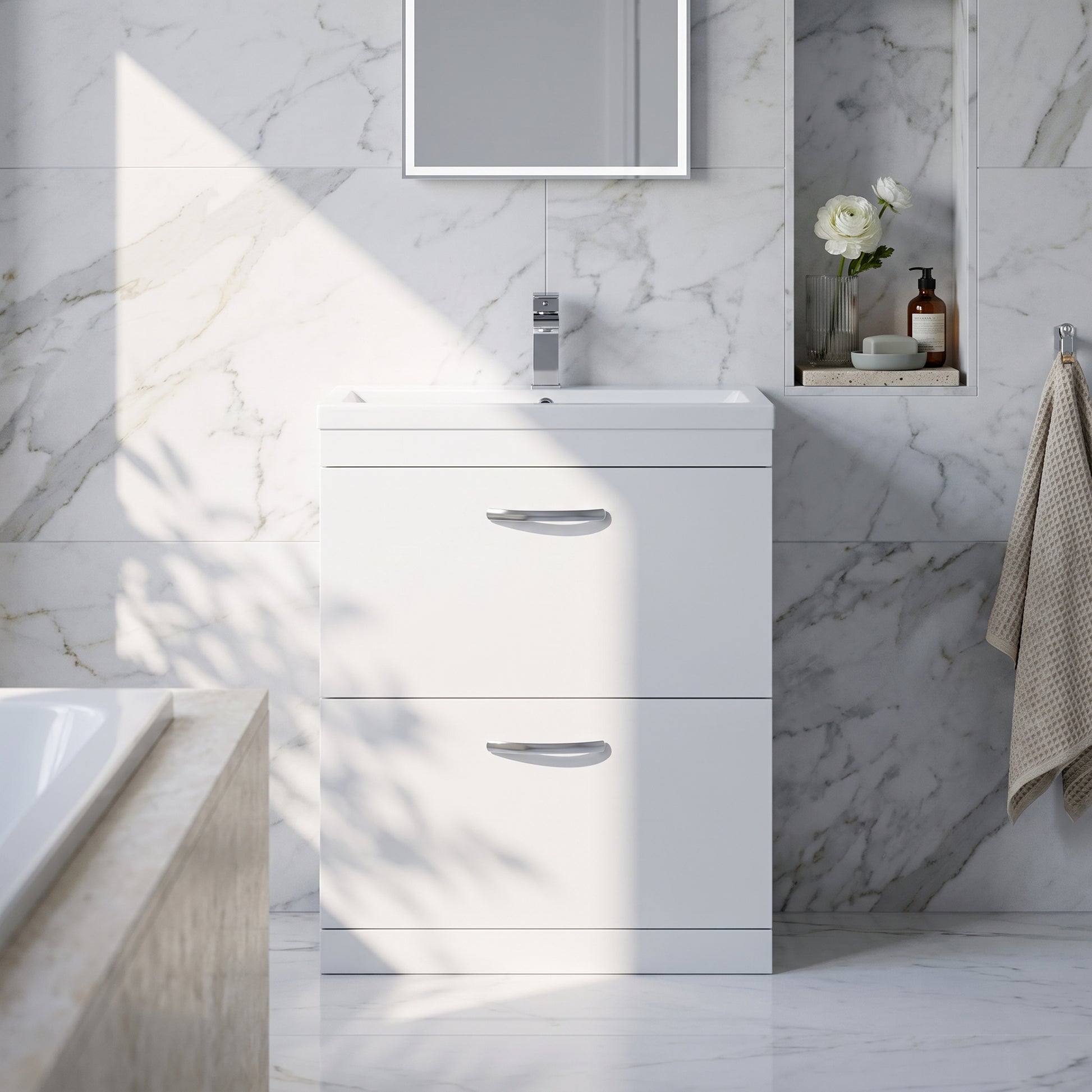 Fairford Carnation 800mm Gloss White Floor Standing 2 Drawer Vanity Unit, with Basin