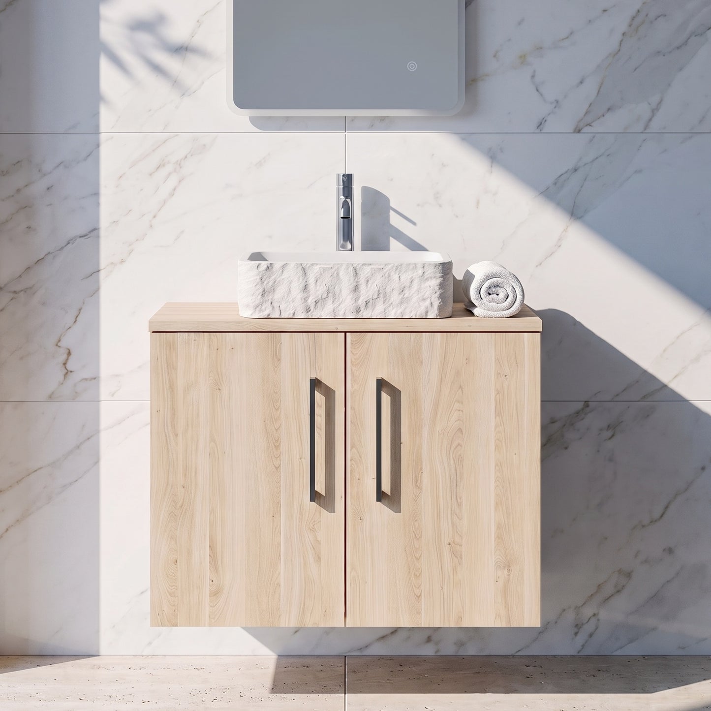 Fairford Aspri Bleached Oak 600mm 2 Door Wall Hung Vanity Unit with Worktop