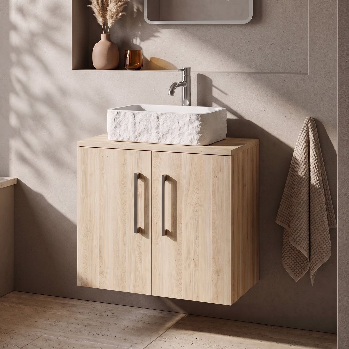 Fairford Aspri Bleached Oak 600mm 2 Door Wall Hung Vanity Unit with Worktop
