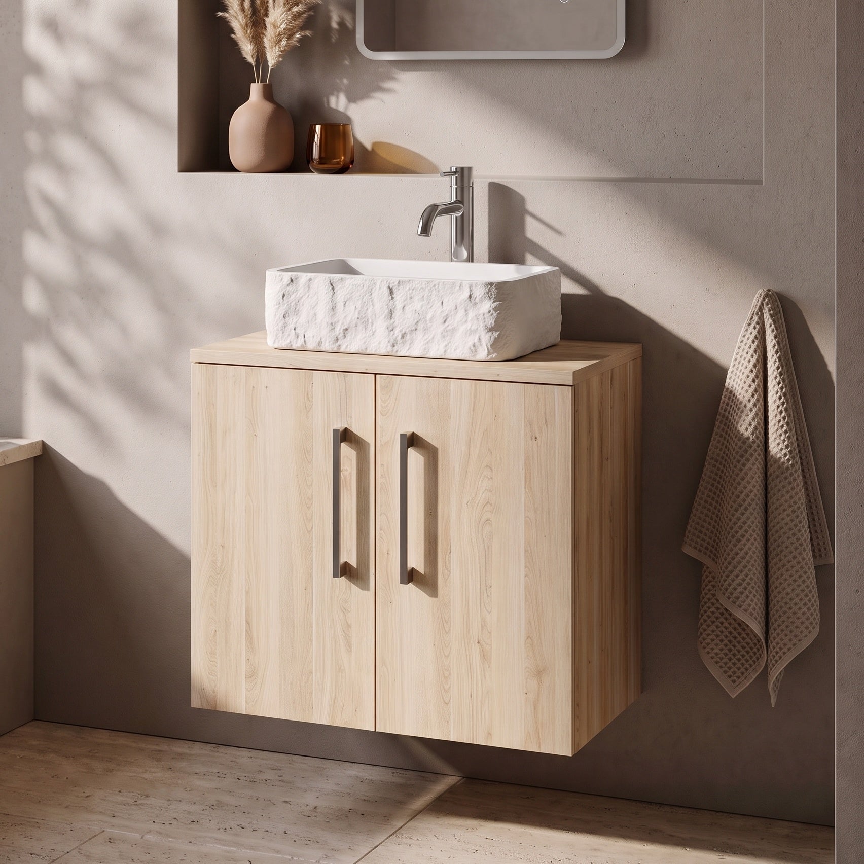 Fairford Aspri Bleached Oak 600mm 2 Door Wall Hung Vanity Unit with Worktop