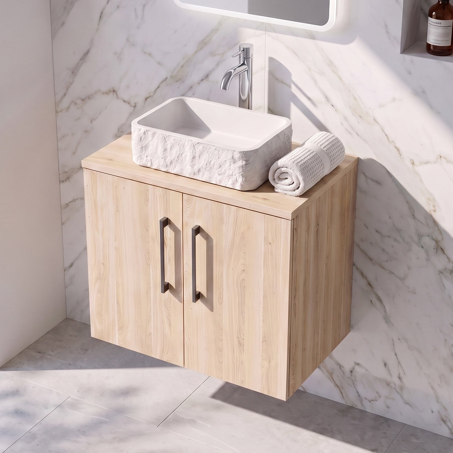 Fairford Aspri Bleached Oak 600mm 2 Door Wall Hung Vanity Unit with Worktop
