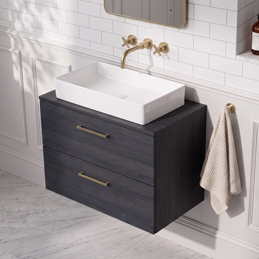 Fairford Aspri Black Woodgrain 800mm 2 Drawer Wall Hung Vanity Unit with Worktop