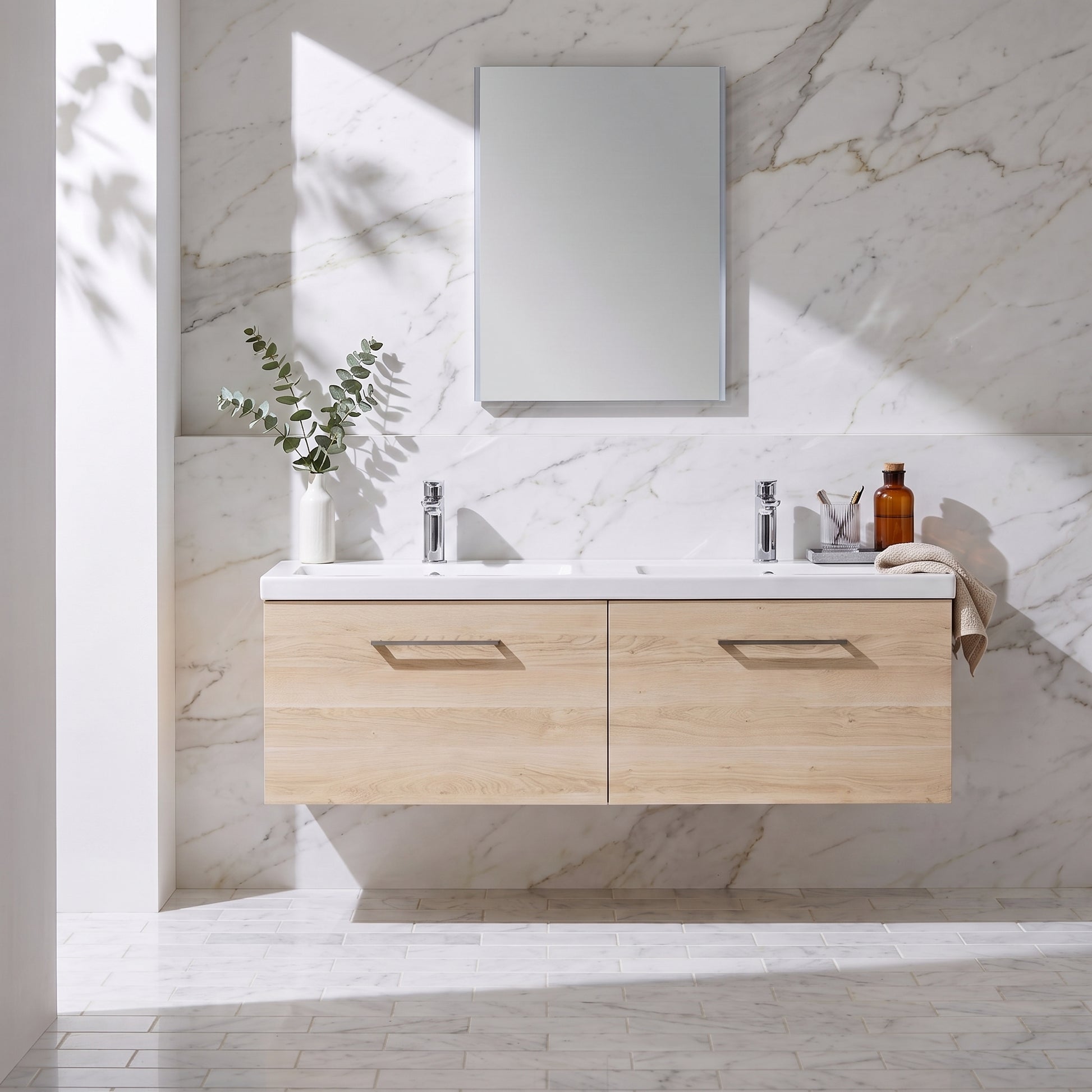 Fairford Aspri Bleached Oak 1200mm 2 Drawer Wall Hung Vanity Unit