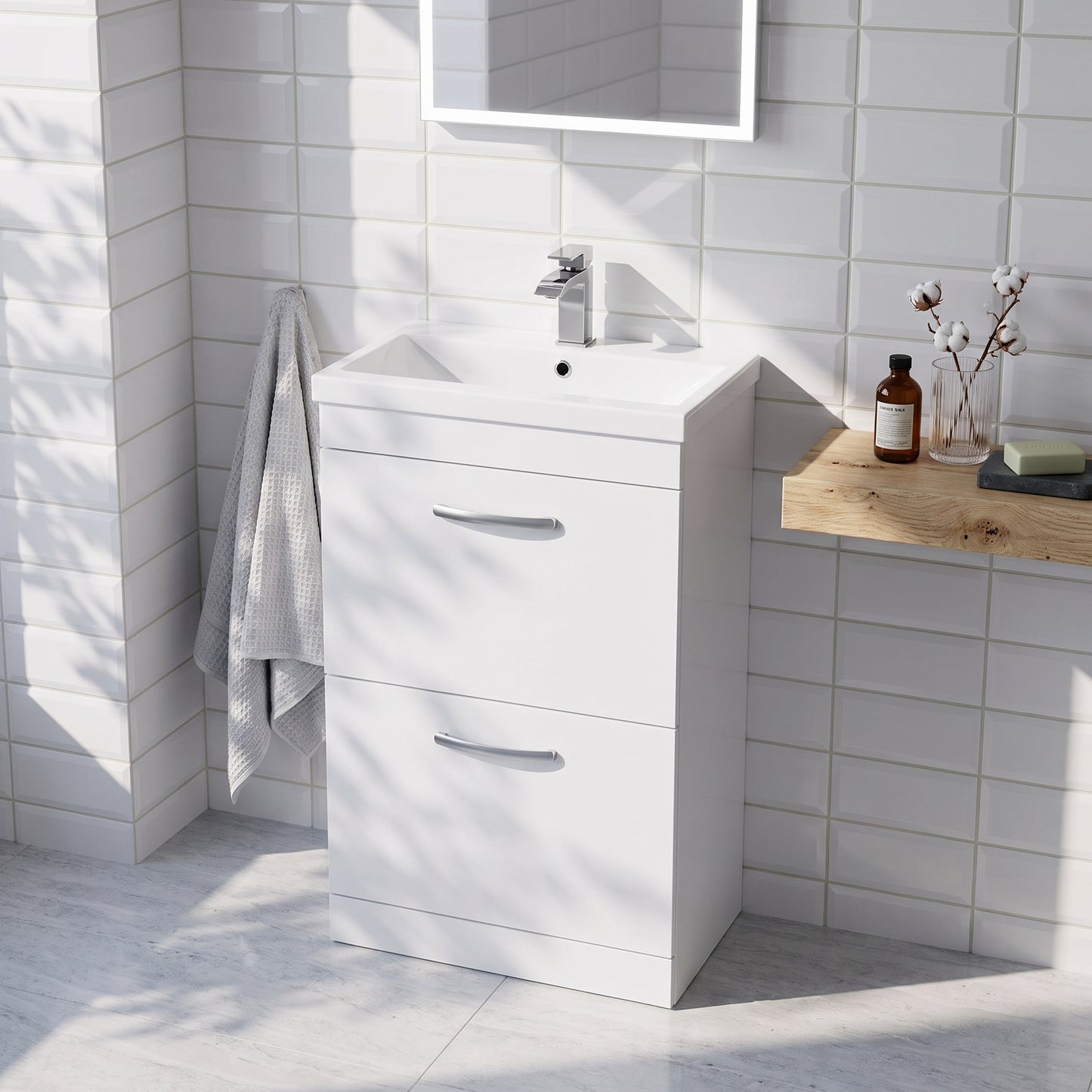 Fairford Carnation 600mm Gloss White Floor Standing 2 Drawer Vanity Unit, with Basin