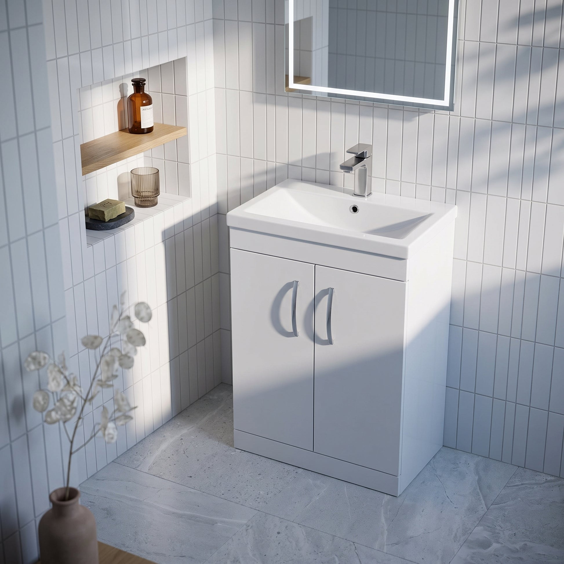 Fairford Carnation 600mm Gloss White Floor Standing 2 Door Vanity Unit, with Basin