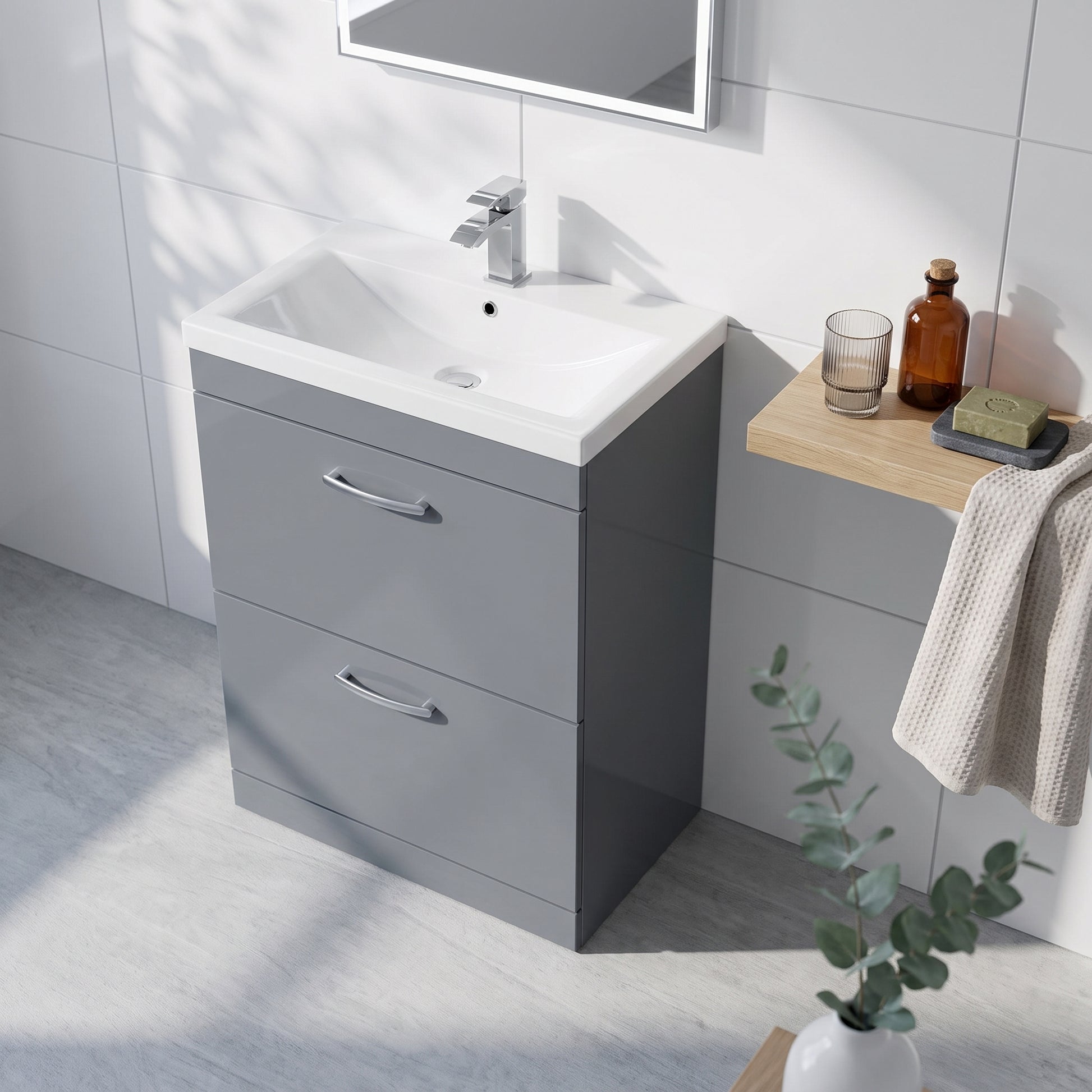 Fairford Carnation 800mm Gloss Grey Floor Standing 2 Drawer Vanity Unit, with Basin