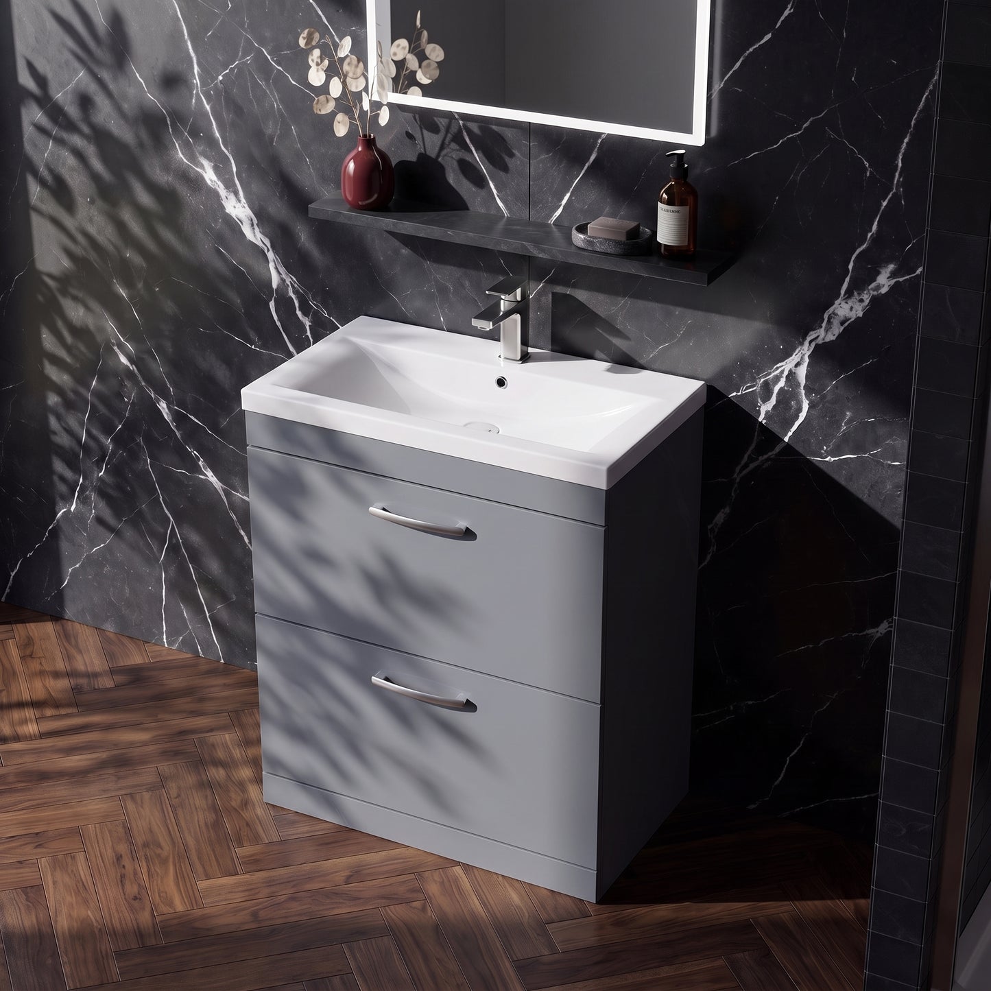 Fairford Carnation 800mm Gloss Grey Floor Standing 2 Drawer Vanity Unit, with Basin