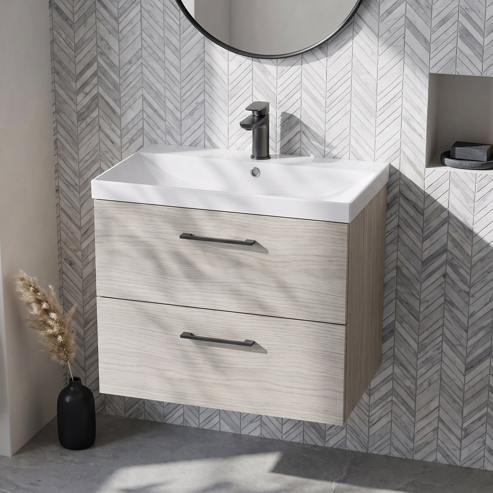 Fairford Aspri 800mm Solace Oak 2-Drawer Wall Hung Vanity Unit