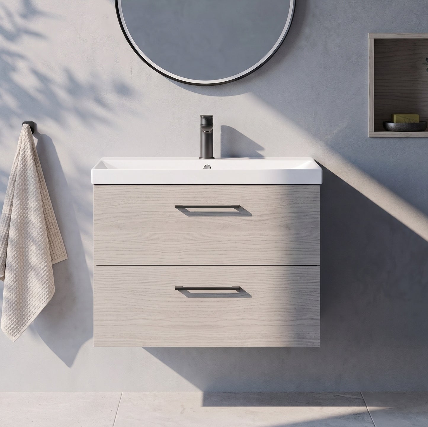 Fairford Aspri 800mm Solace Oak 2-Drawer Wall Hung Vanity Unit
