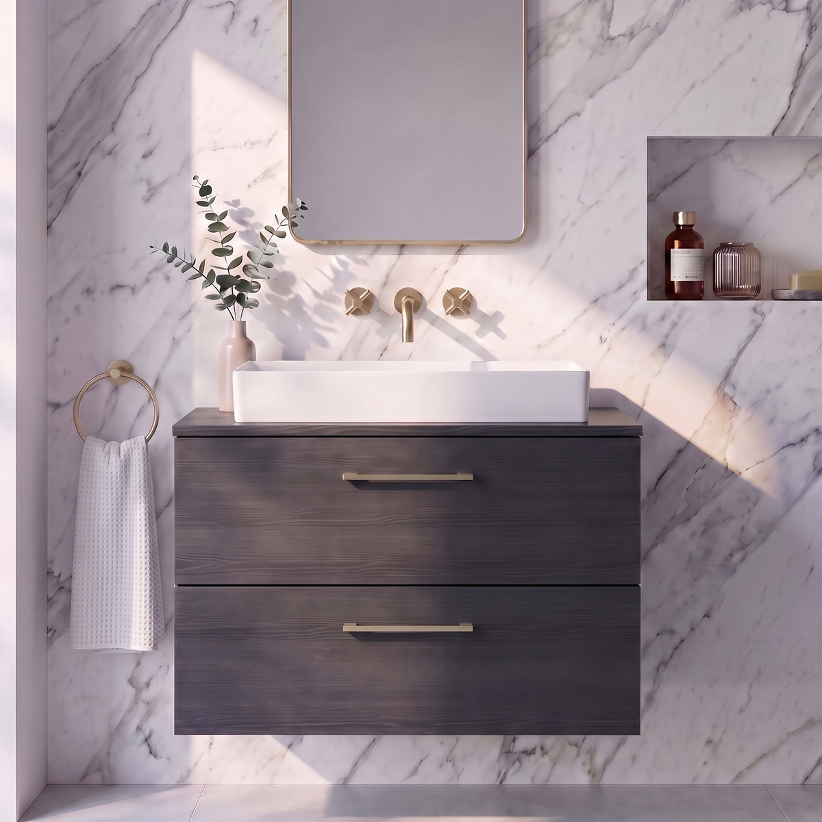 Fairford Aspri Black Woodgrain 800mm 2 Drawer Wall Hung Vanity Unit with Worktop